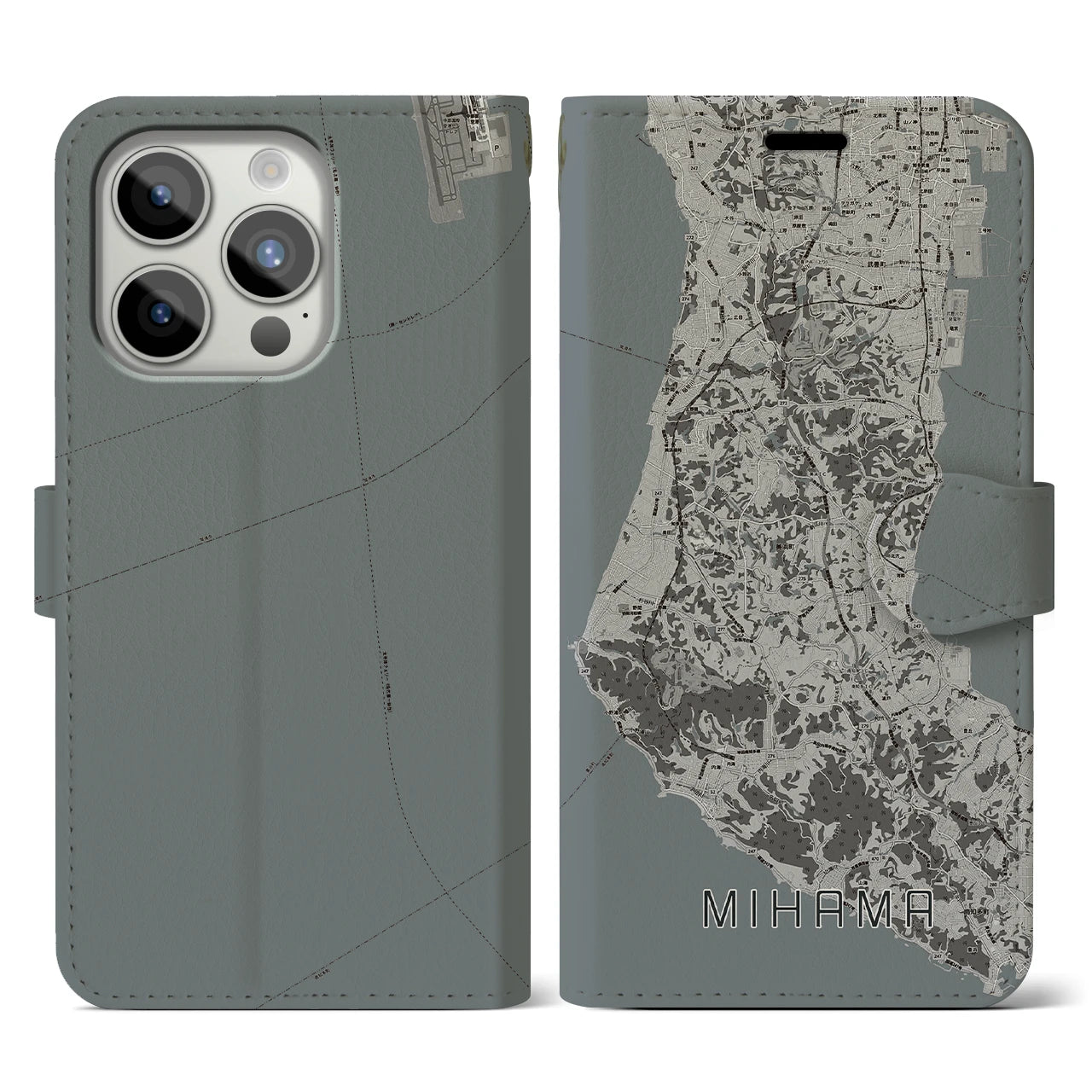 【美浜(愛知県)】地図柄iPhoneケース(手帳タイプ)モノトーン・iPhone 15 Pro 用
