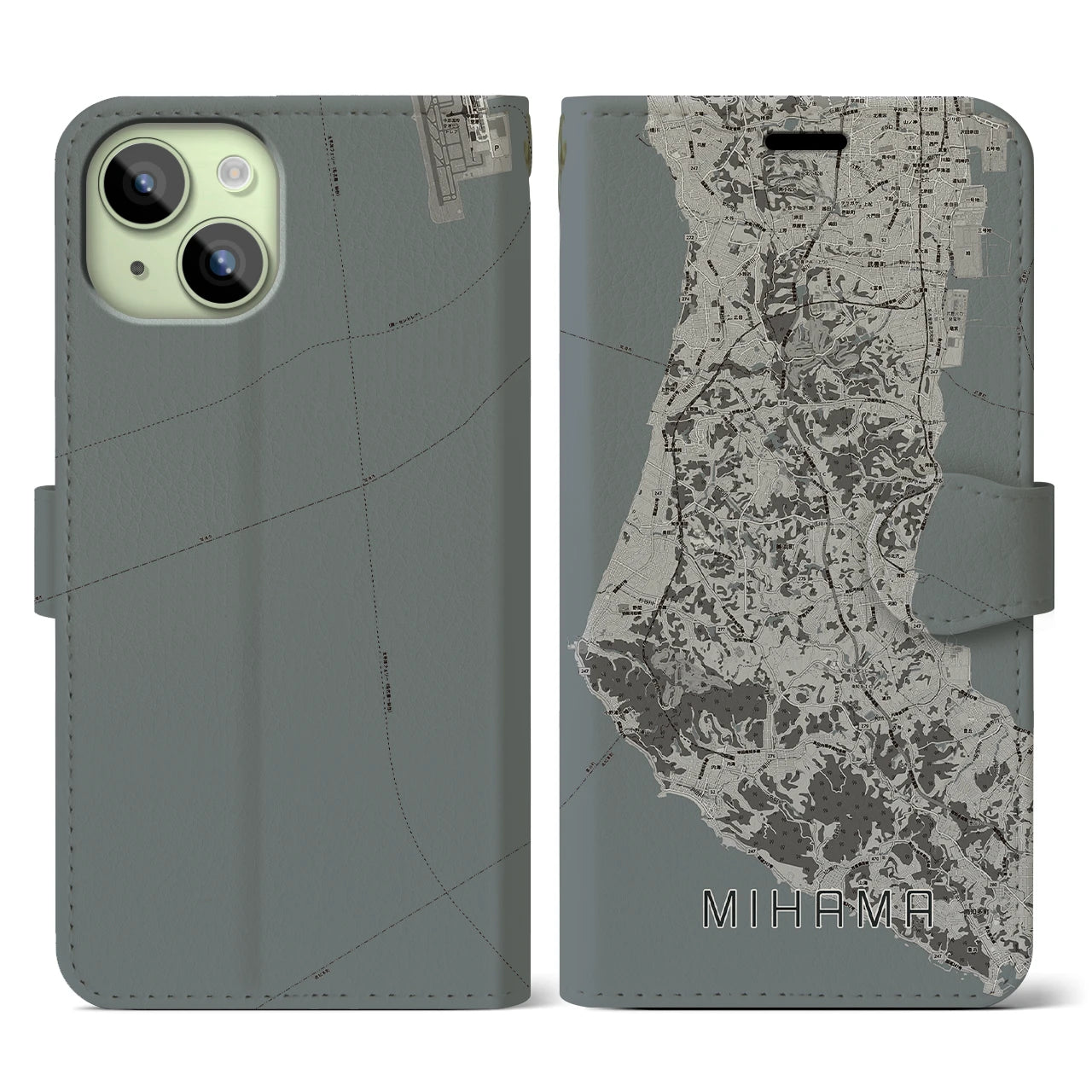 【美浜(愛知県)】地図柄iPhoneケース(手帳タイプ)モノトーン・iPhone 15 用