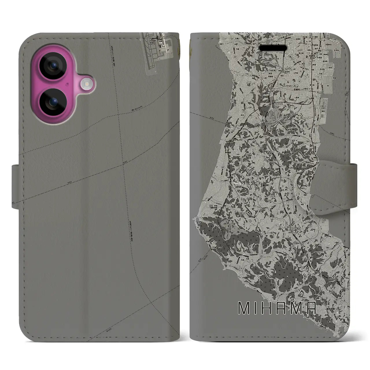 【美浜(愛知県)】地図柄iPhoneケース(手帳タイプ)モノトーン・iPhone 16 Pro 用
