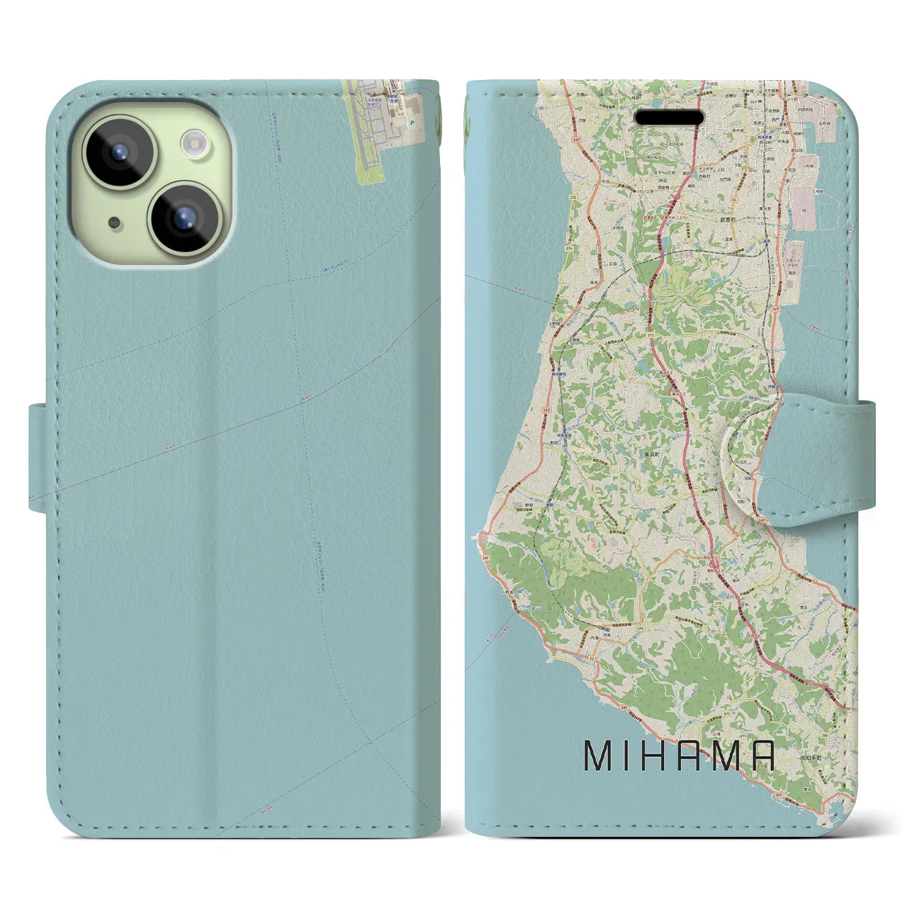 【美浜(愛知県)】地図柄iPhoneケース(手帳タイプ)ナチュラル・iPhone 15 用