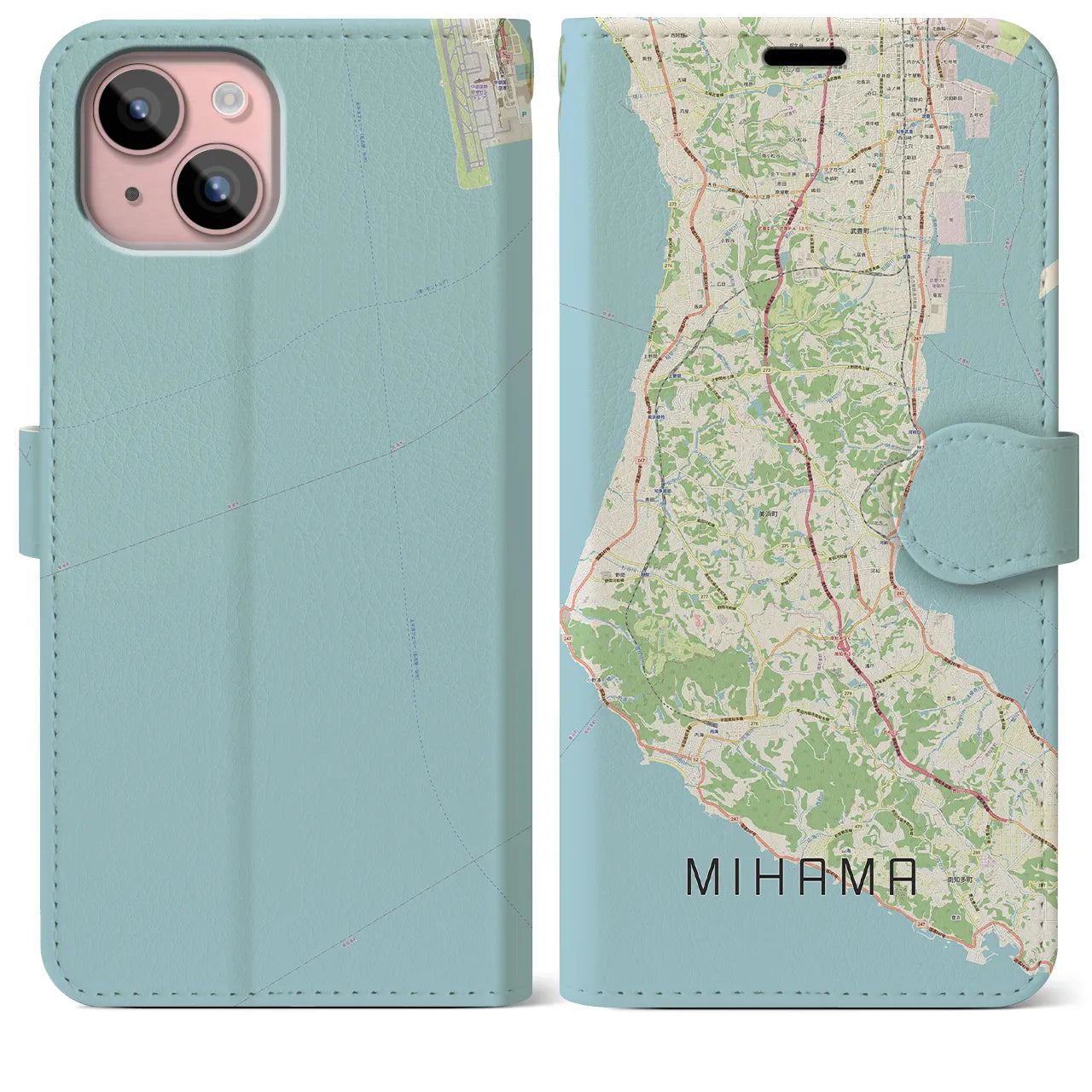 【美浜(愛知県)】地図柄iPhoneケース(手帳タイプ)ナチュラル・iPhone 15 Plus 用