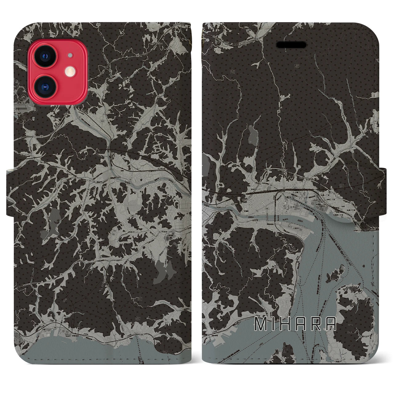 【三原(広島県)】地図柄iPhoneケース(手帳タイプ)モノトーン・iPhone 11 用