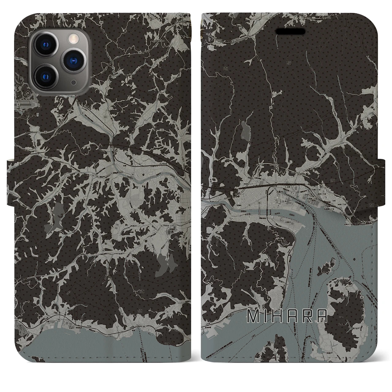 【三原(広島県)】地図柄iPhoneケース(手帳タイプ)モノトーン・iPhone 11 Pro Max 用