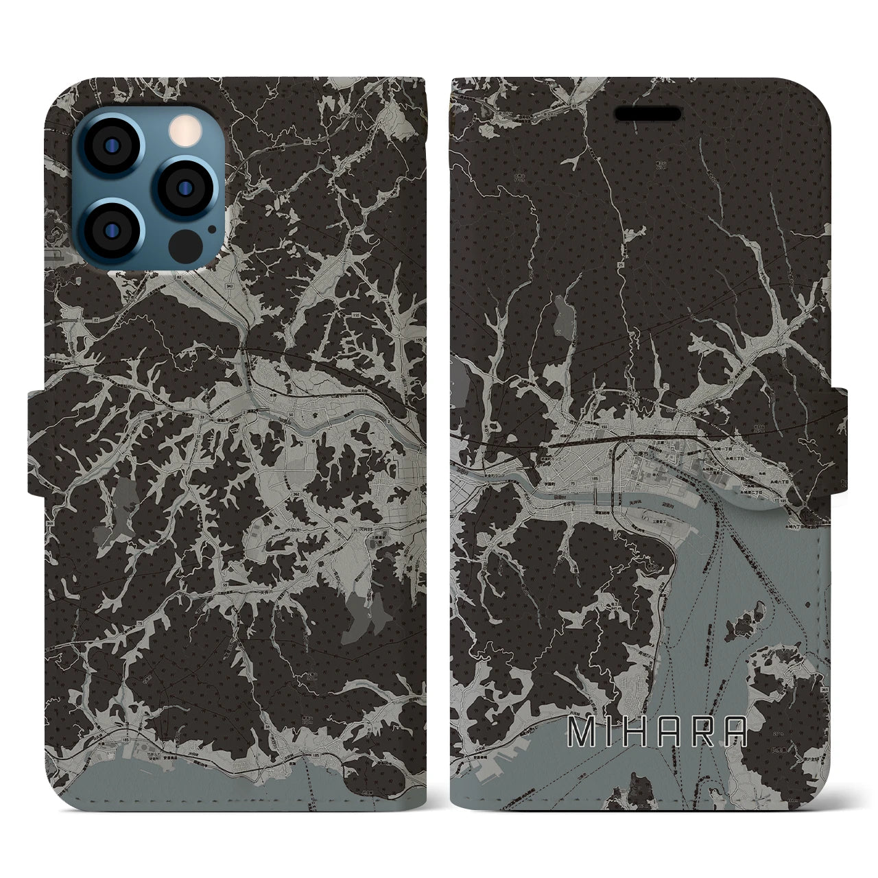 【三原(広島県)】地図柄iPhoneケース(手帳タイプ)モノトーン・iPhone 12 / 12 Pro 用