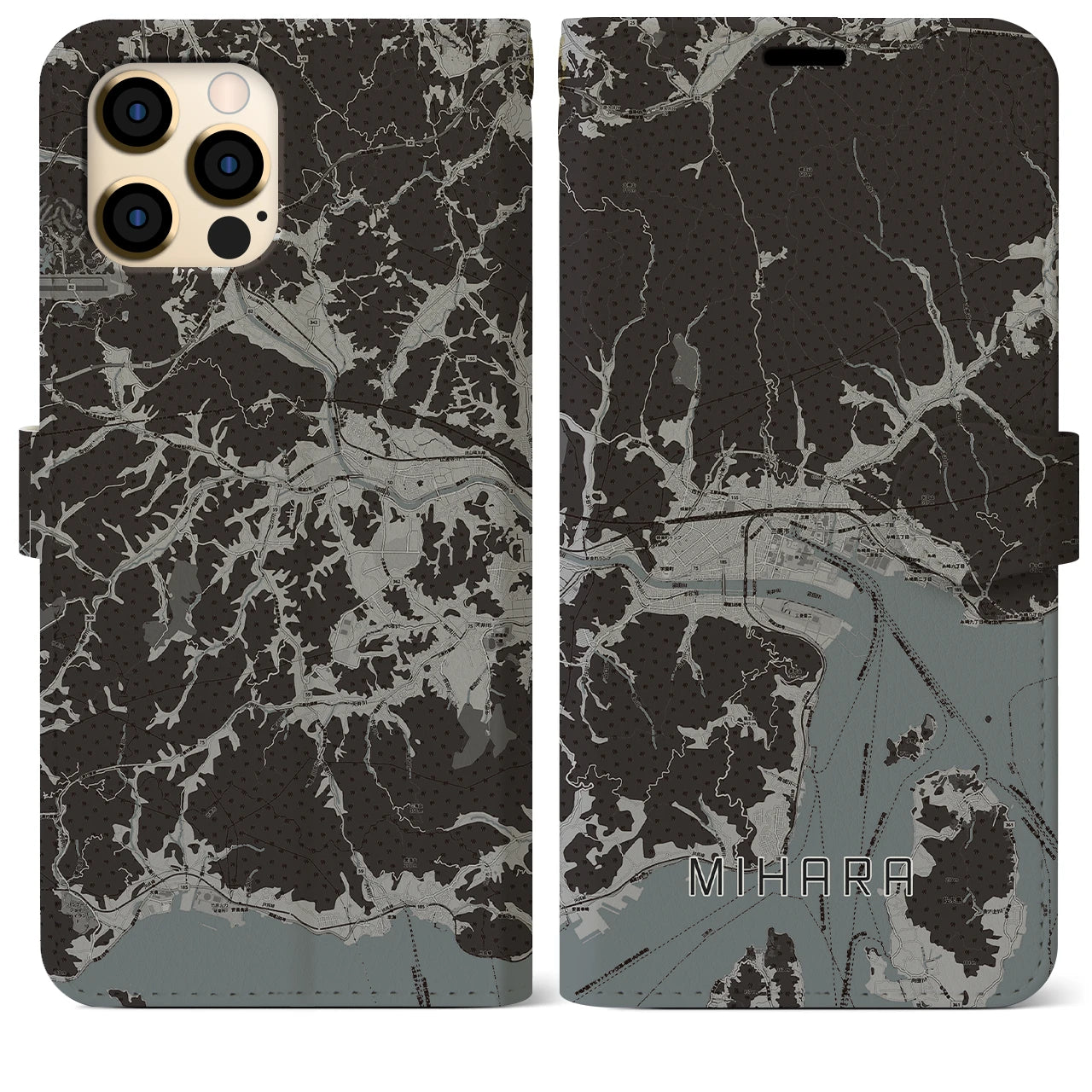 【三原(広島県)】地図柄iPhoneケース(手帳タイプ)モノトーン・iPhone 12 Pro Max 用