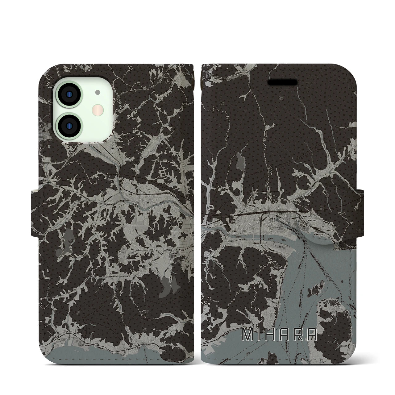 【三原(広島県)】地図柄iPhoneケース(手帳タイプ)モノトーン・iPhone 12 mini 用