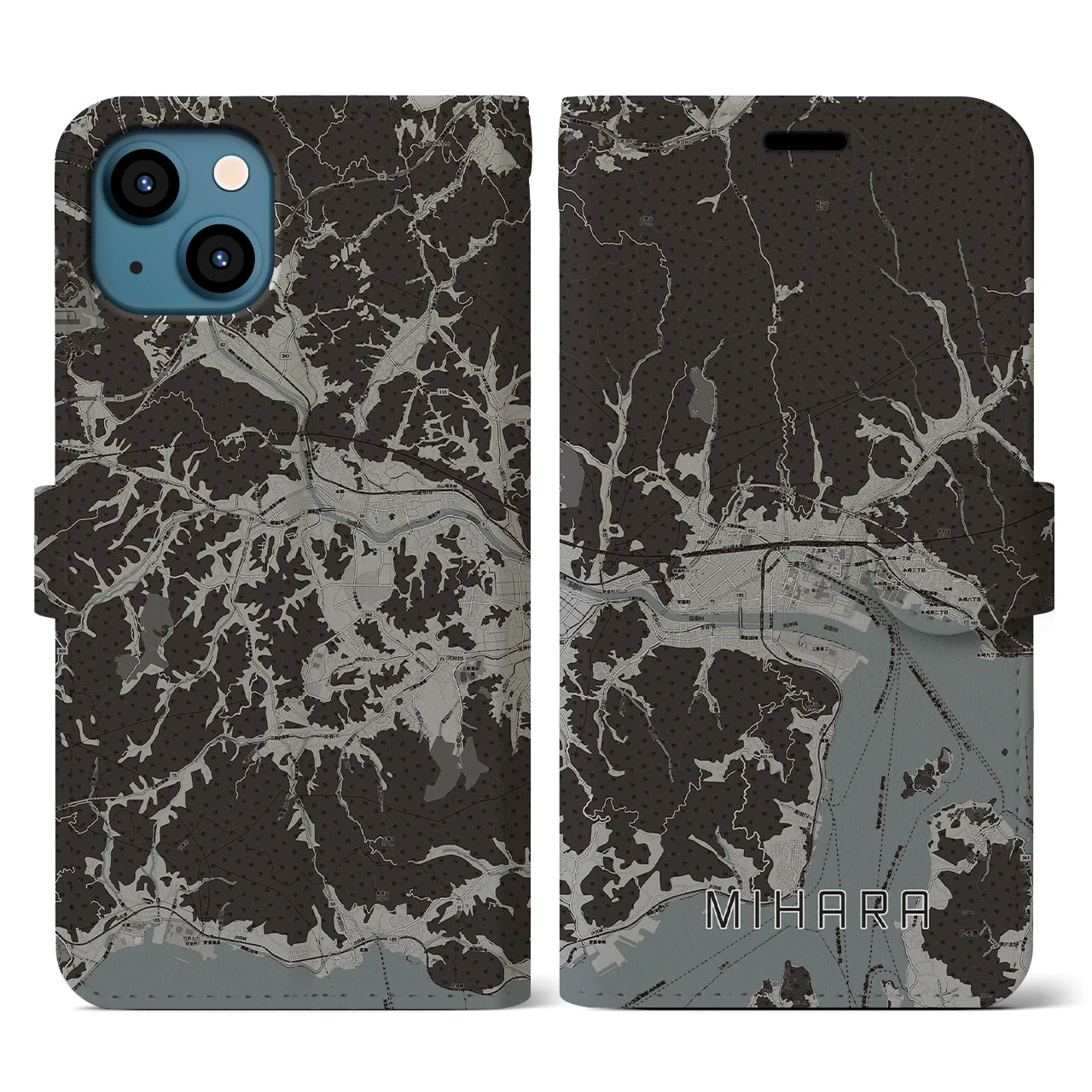 【三原(広島県)】地図柄iPhoneケース(手帳タイプ)モノトーン・iPhone 13 用