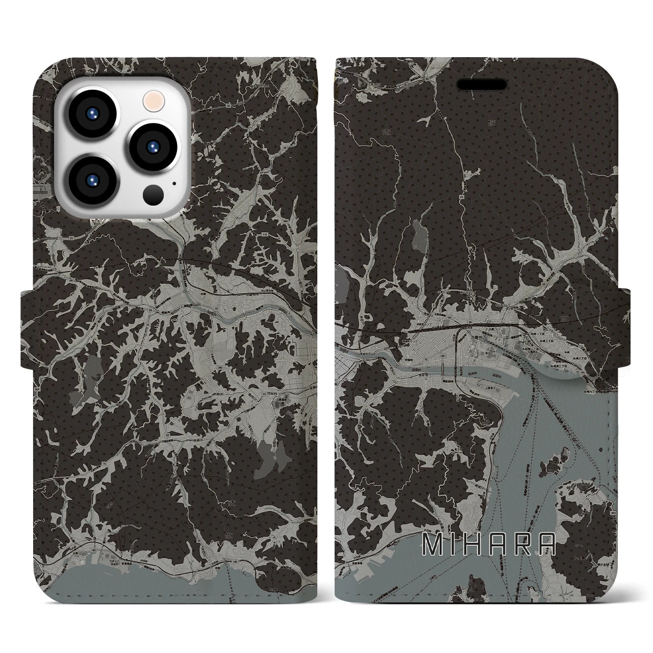 【三原(広島県)】地図柄iPhoneケース(手帳タイプ)モノトーン・iPhone 13 Pro 用