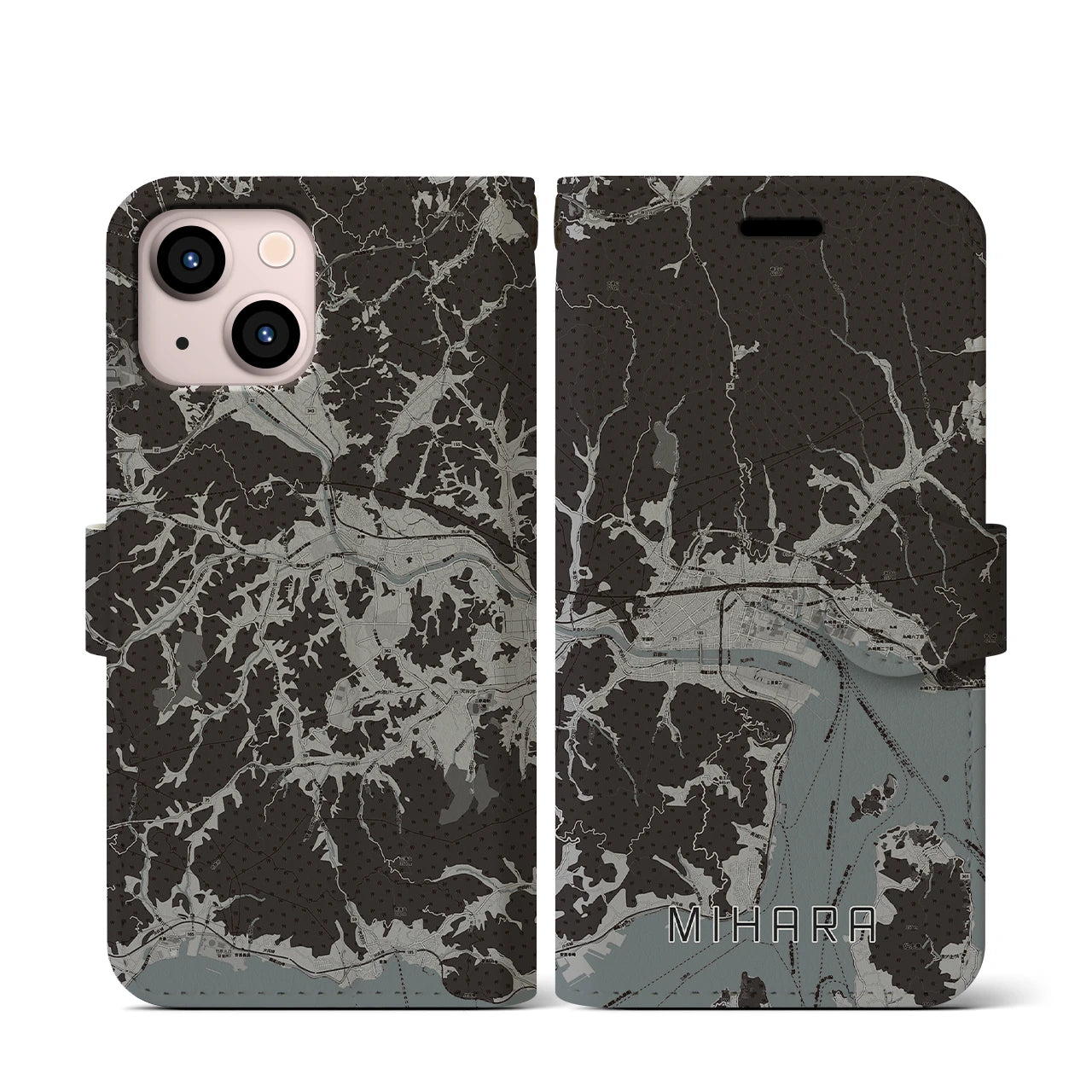 【三原(広島県)】地図柄iPhoneケース(手帳タイプ)モノトーン・iPhone 13 mini 用
