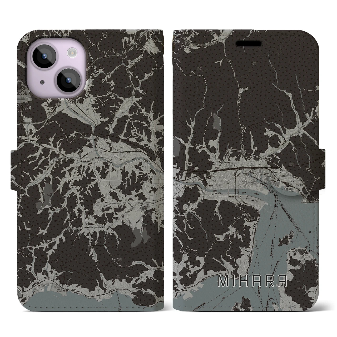 【三原(広島県)】地図柄iPhoneケース(手帳タイプ)モノトーン・iPhone 14 用