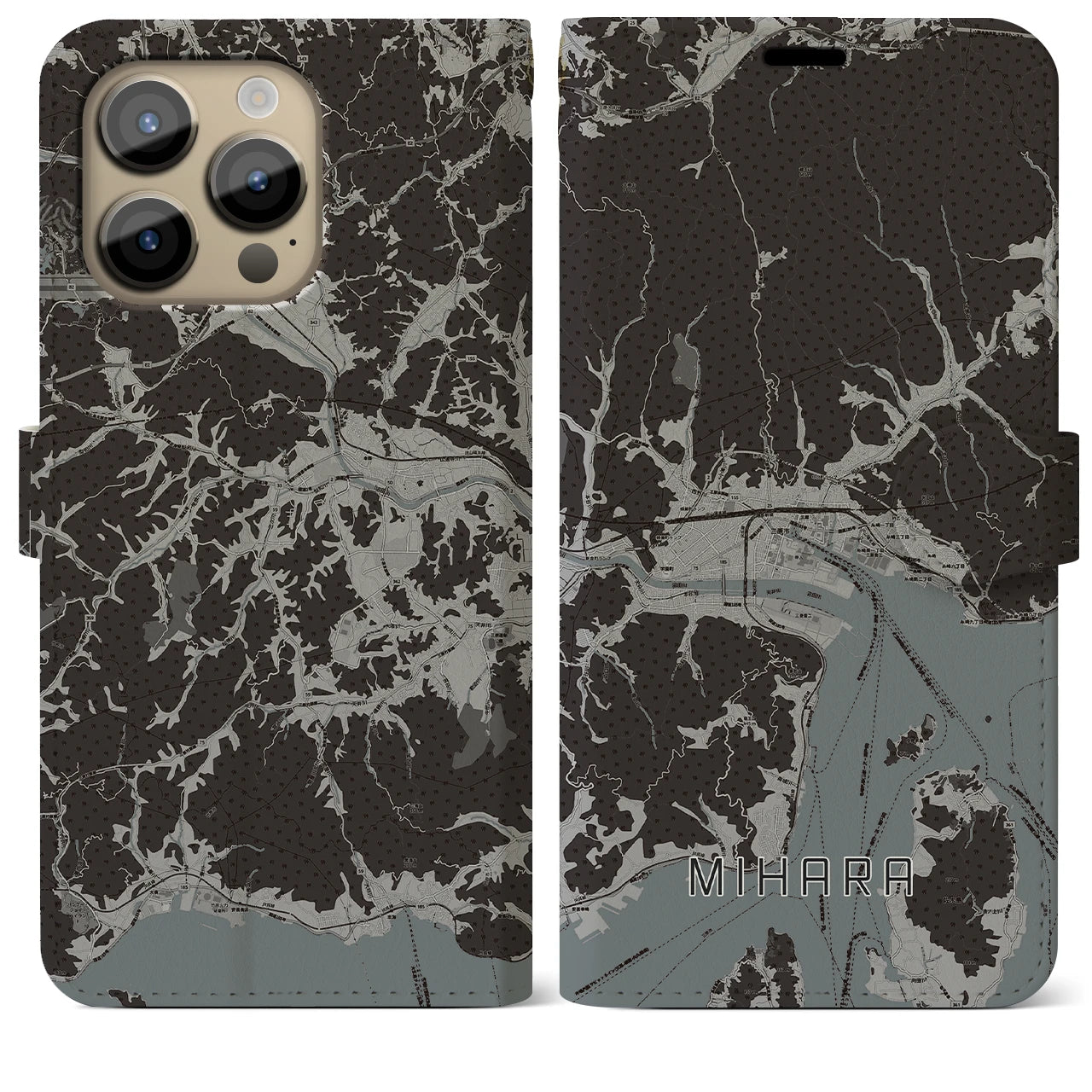 【三原(広島県)】地図柄iPhoneケース(手帳タイプ)モノトーン・iPhone 14 Pro Max 用