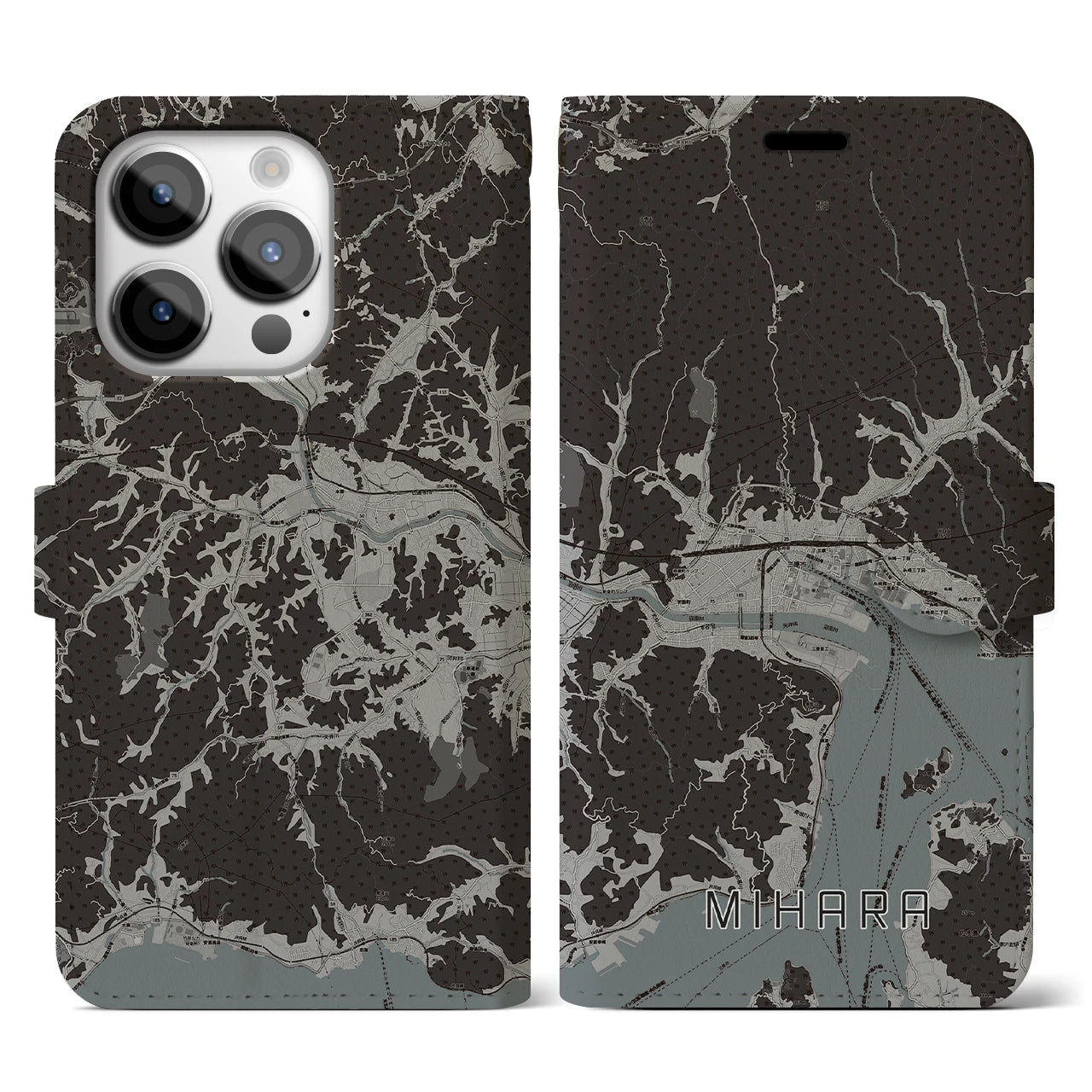 【三原(広島県)】地図柄iPhoneケース(手帳タイプ)モノトーン・iPhone 14 Pro 用