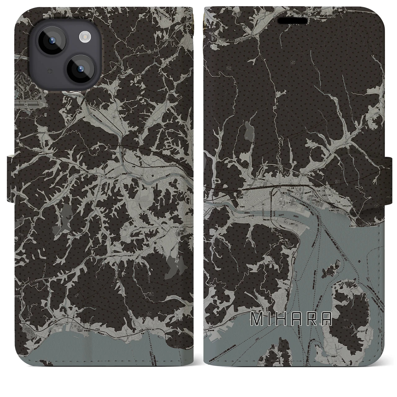 【三原(広島県)】地図柄iPhoneケース(手帳タイプ)モノトーン・iPhone 14 Plus 用