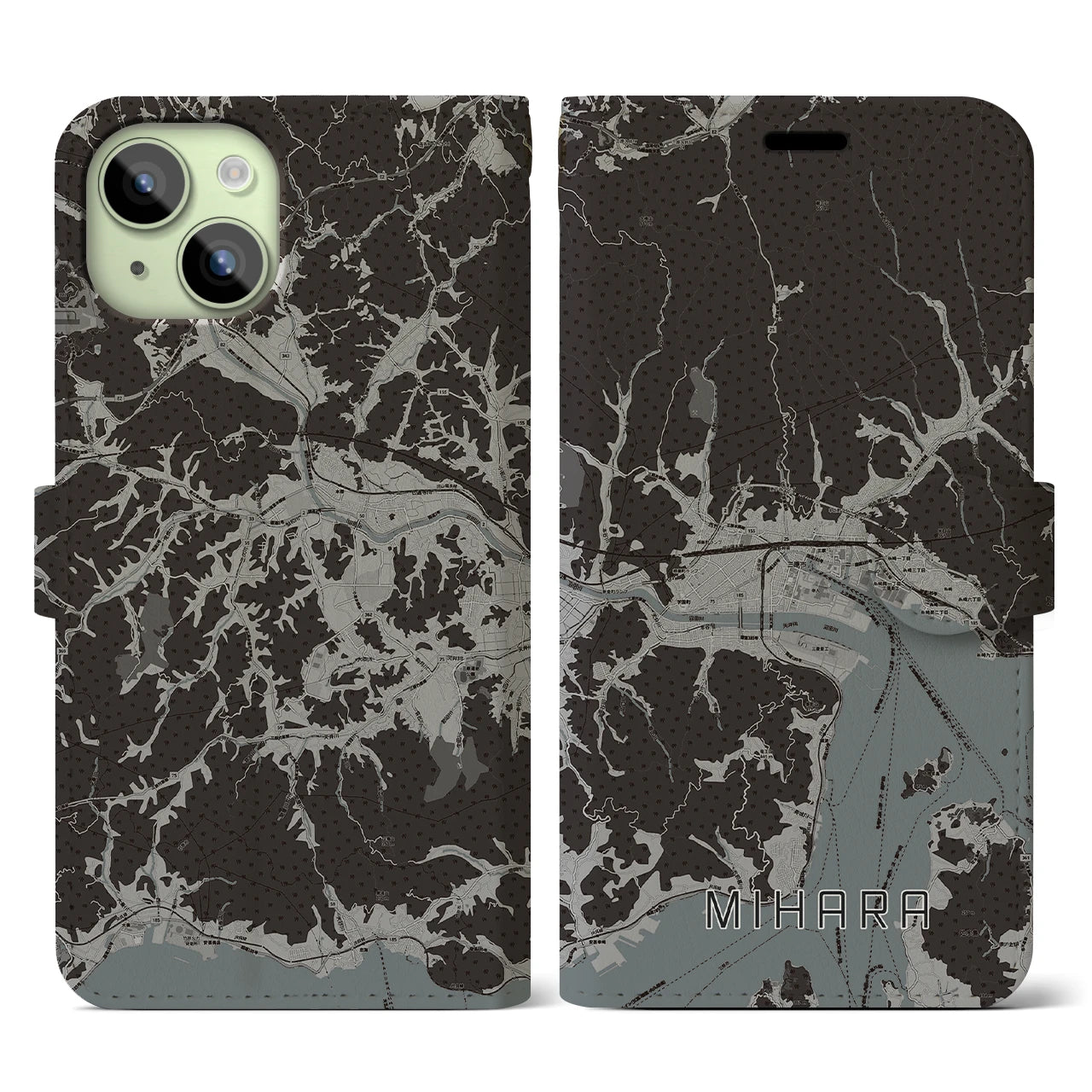 【三原(広島県)】地図柄iPhoneケース(手帳タイプ)モノトーン・iPhone 15 用