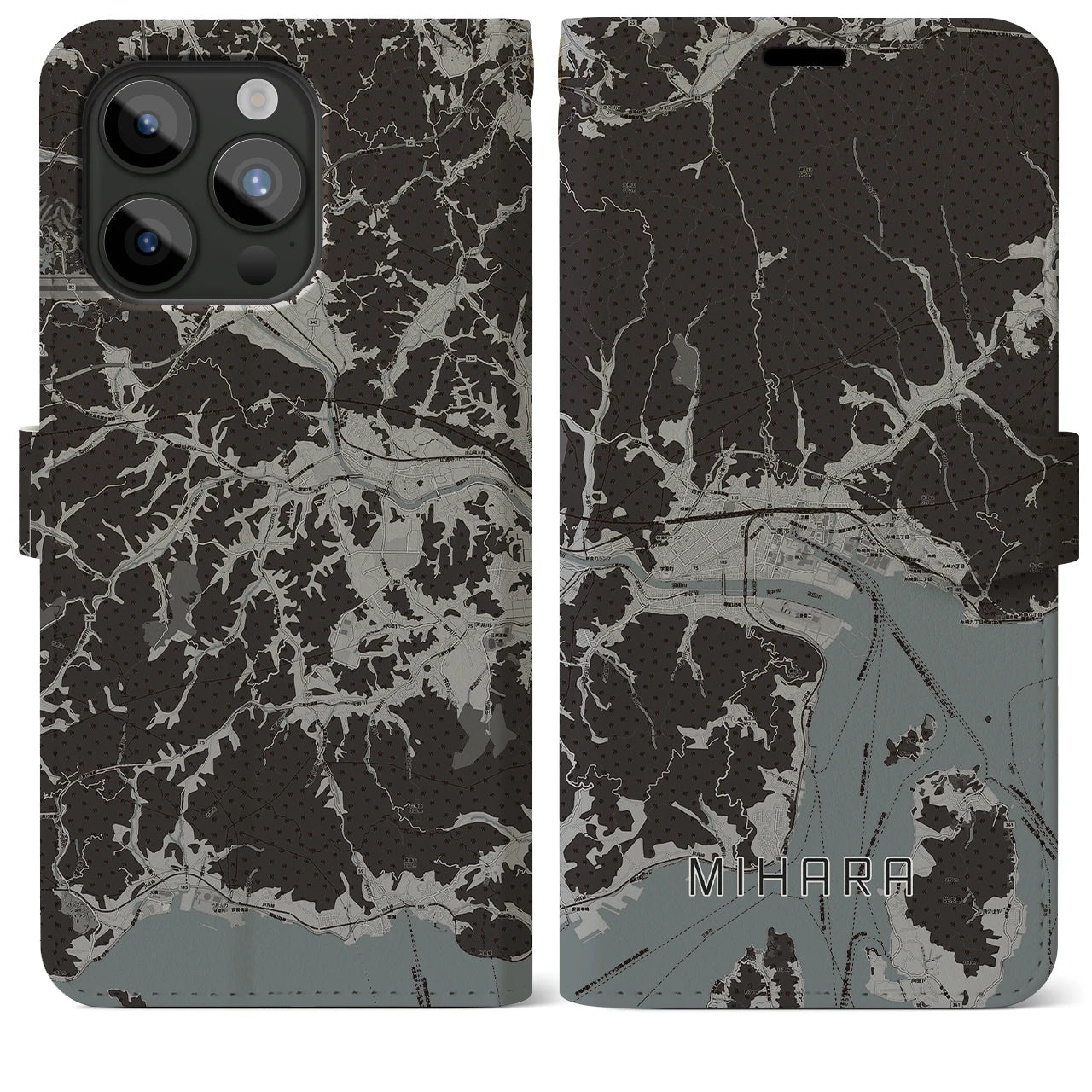 【三原(広島県)】地図柄iPhoneケース(手帳タイプ)モノトーン・iPhone 15 Pro Max 用