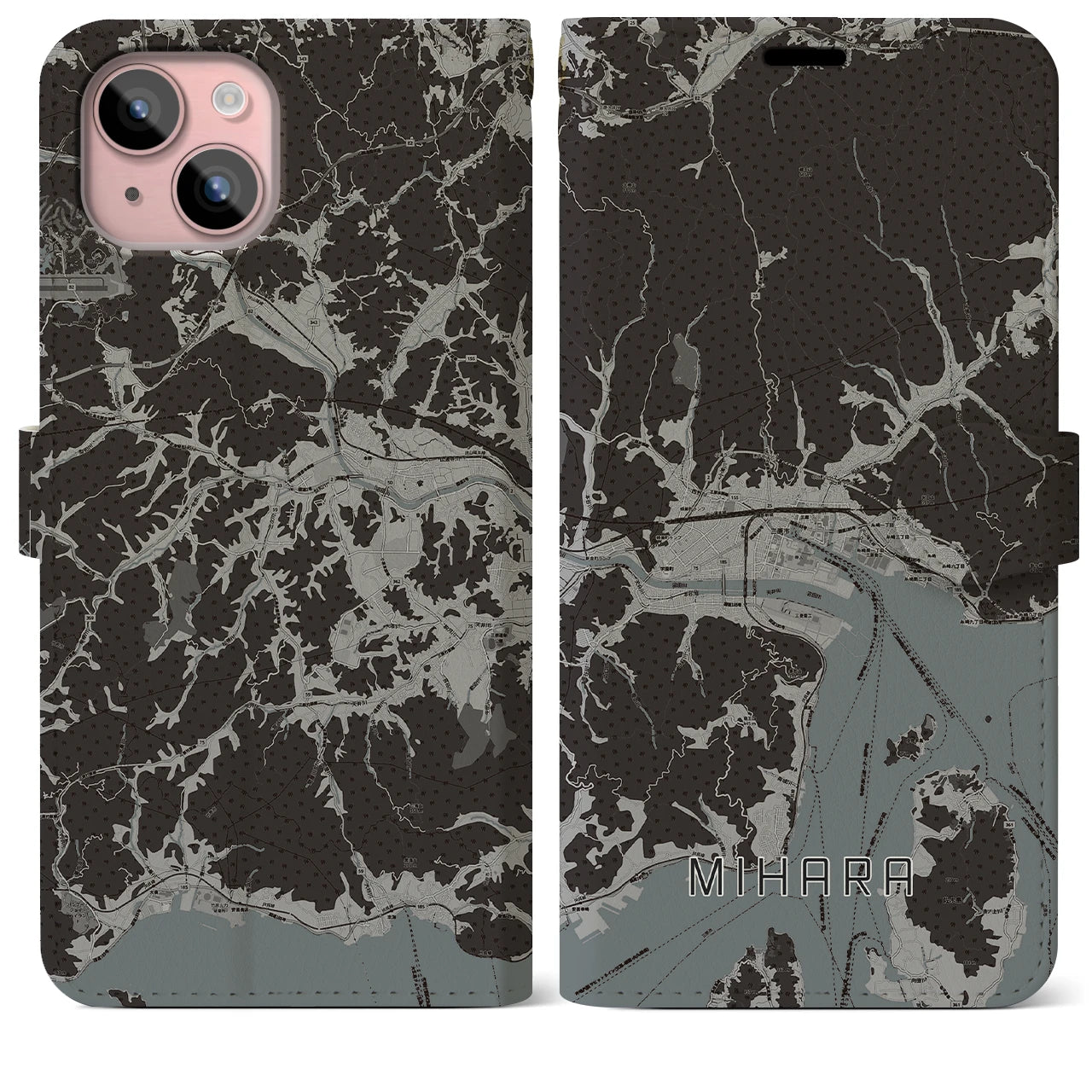 【三原(広島県)】地図柄iPhoneケース(手帳タイプ)モノトーン・iPhone 15 Plus 用