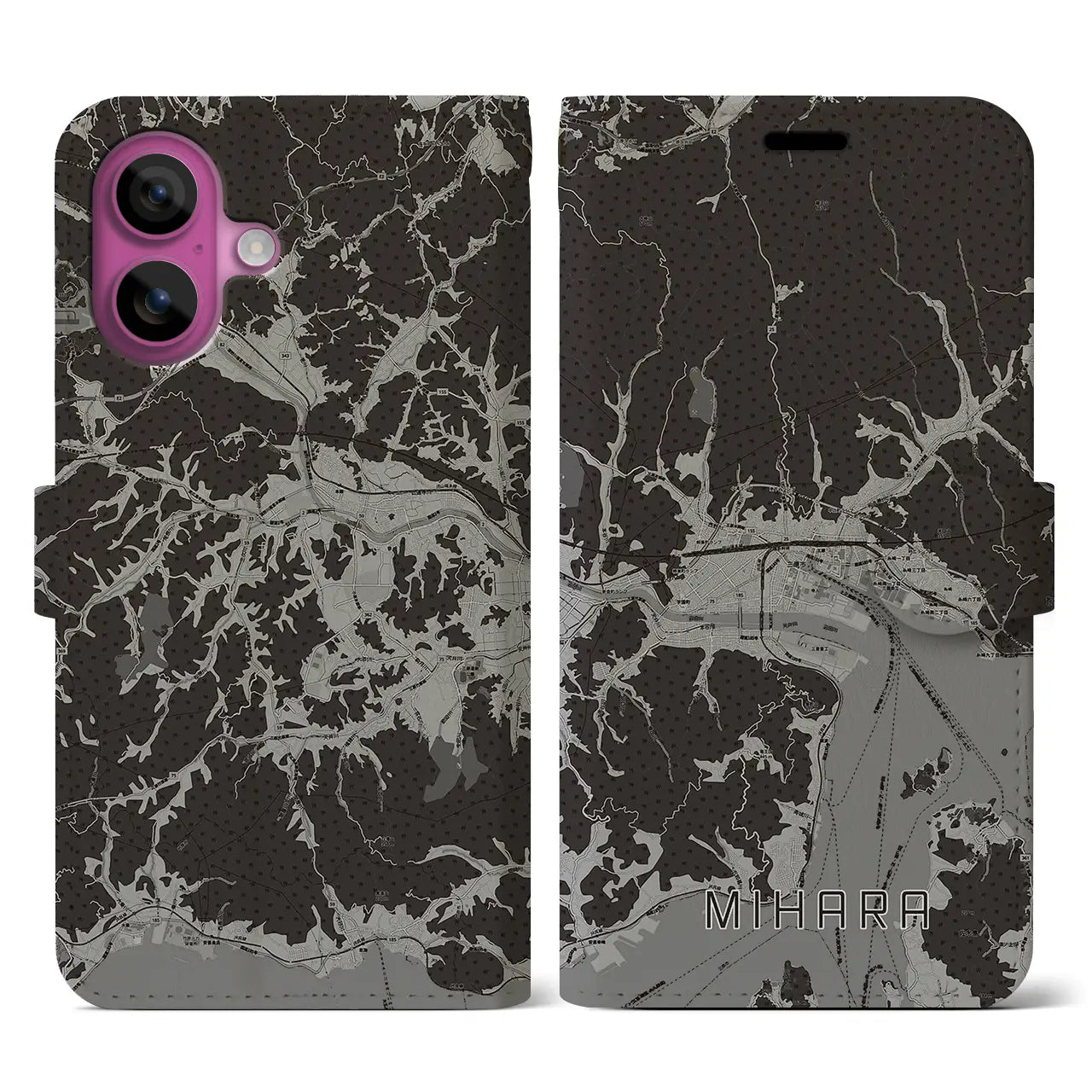 【三原(広島県)】地図柄iPhoneケース(手帳タイプ)モノトーン・iPhone 16 Pro 用