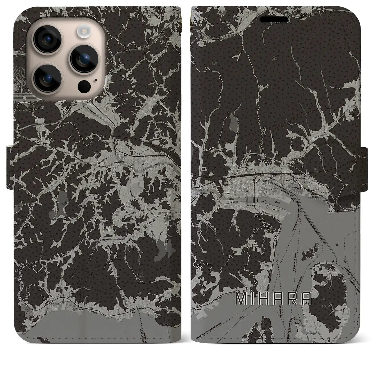 【三原(広島県)】地図柄iPhoneケース(手帳タイプ)モノトーン・iPhone 16 Plus 用