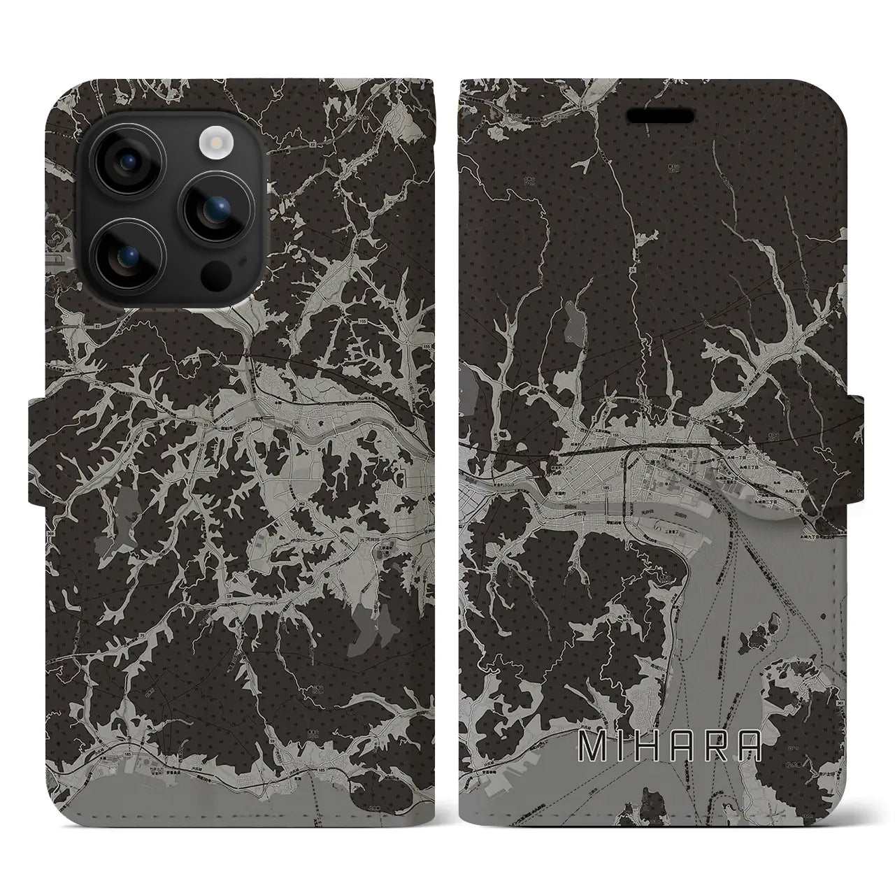 【三原(広島県)】地図柄iPhoneケース(手帳タイプ)モノトーン・iPhone 16 用