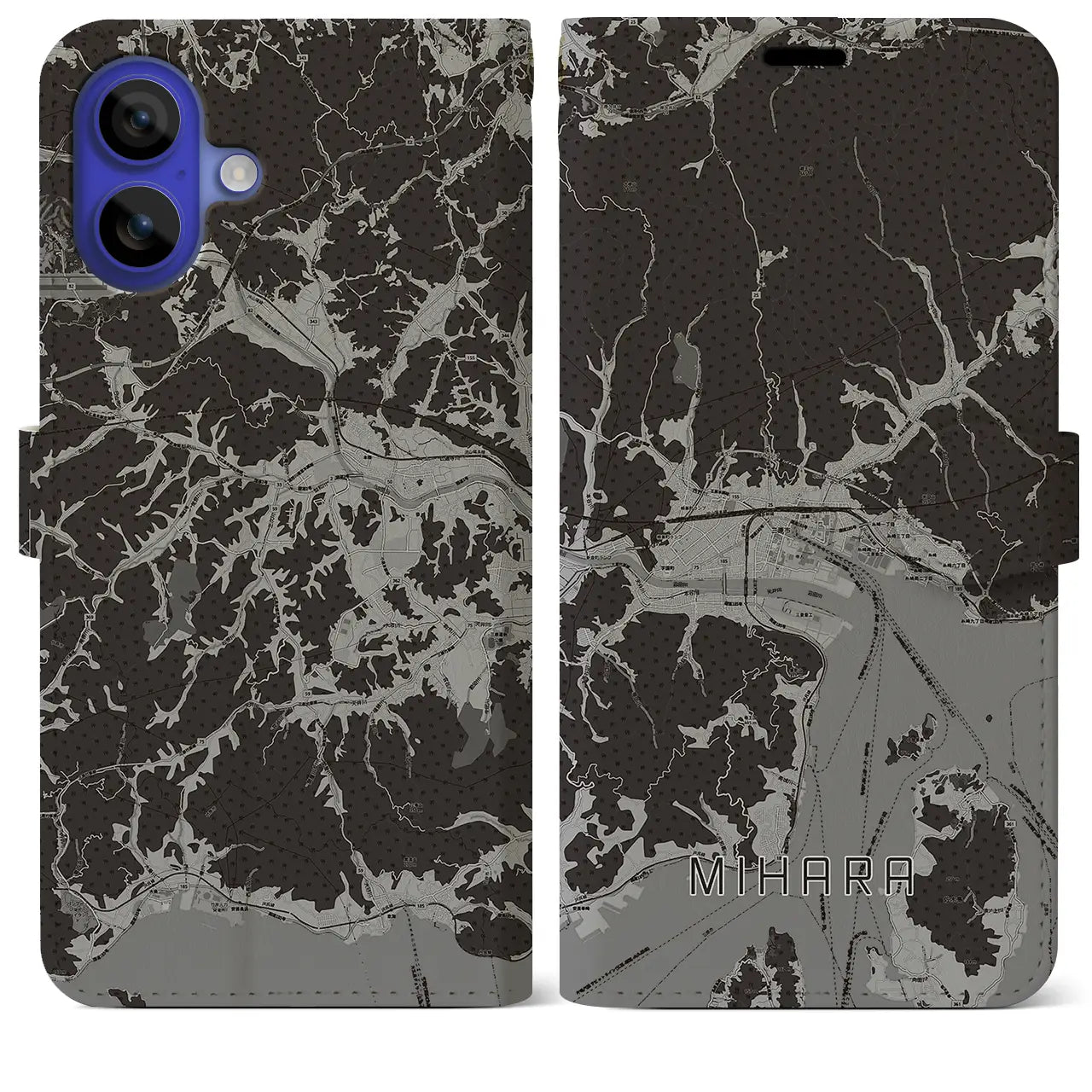 【三原(広島県)】地図柄iPhoneケース(手帳タイプ)モノトーン・iPhone 16 Pro Max 用