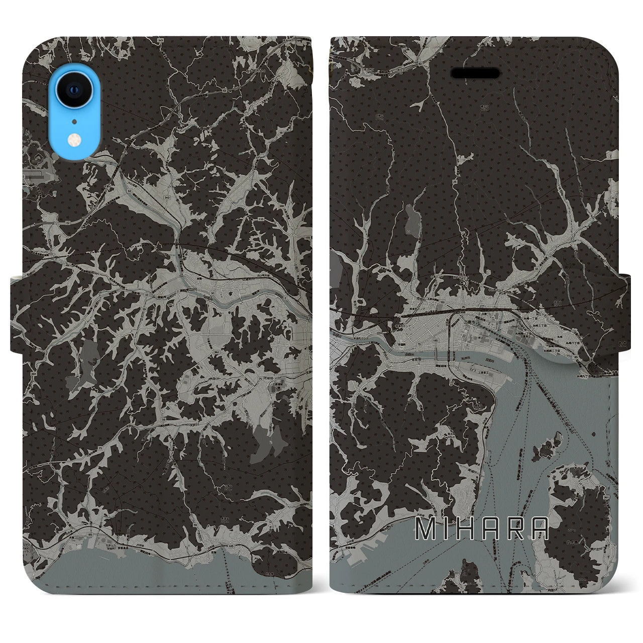 【三原(広島県)】地図柄iPhoneケース(手帳タイプ)モノトーン・iPhone XR 用