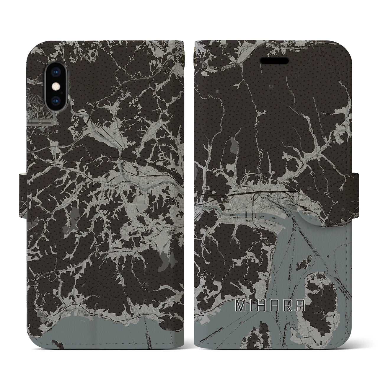 【三原(広島県)】地図柄iPhoneケース(手帳タイプ)モノトーン・iPhone XS / X 用