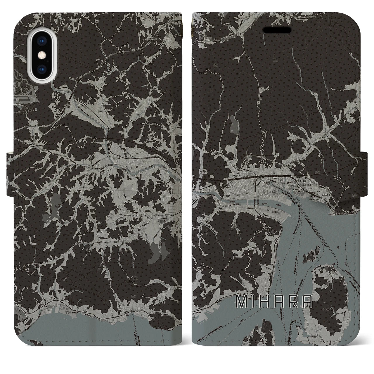 【三原(広島県)】地図柄iPhoneケース(手帳タイプ)モノトーン・iPhone XS Max 用