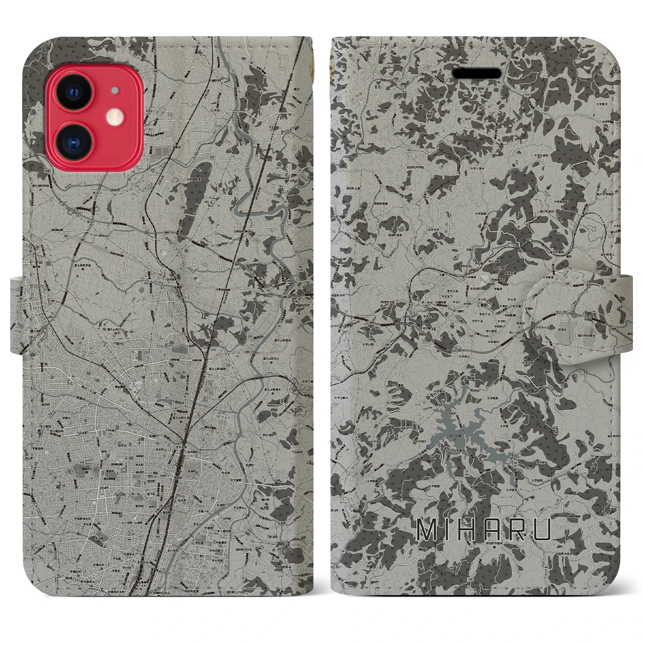 【三春(福島県)】地図柄iPhoneケース(手帳タイプ)モノトーン・iPhone 11 用