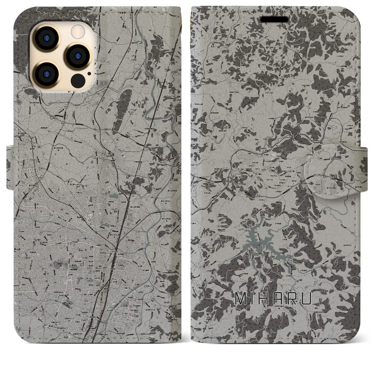 【三春(福島県)】地図柄iPhoneケース(手帳タイプ)モノトーン・iPhone 12 Pro Max 用