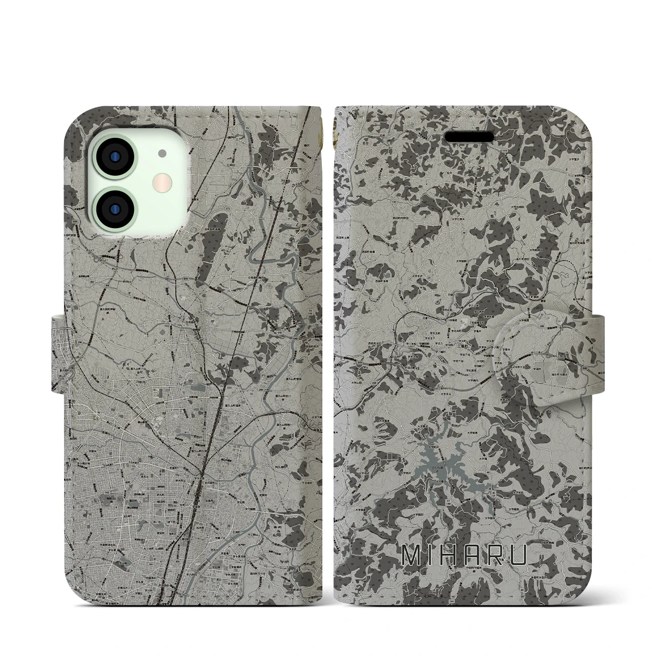 【三春(福島県)】地図柄iPhoneケース(手帳タイプ)モノトーン・iPhone 12 mini 用