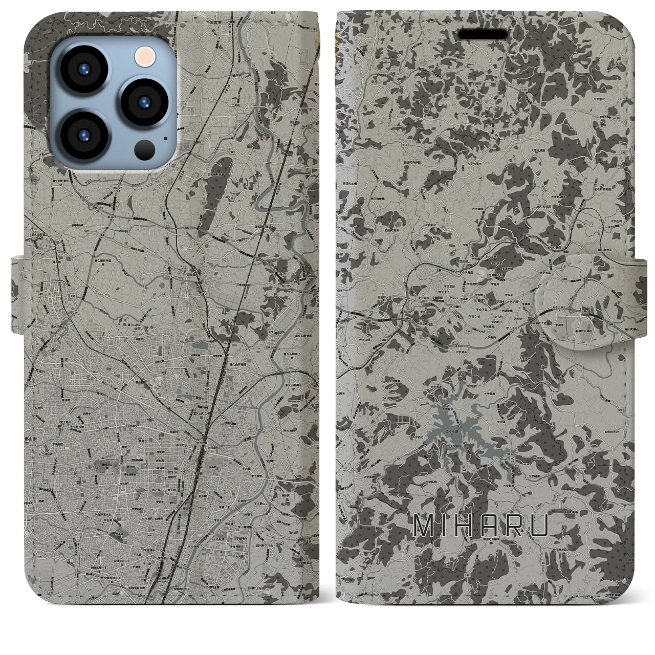 【三春(福島県)】地図柄iPhoneケース(手帳タイプ)モノトーン・iPhone 13 Pro Max 用