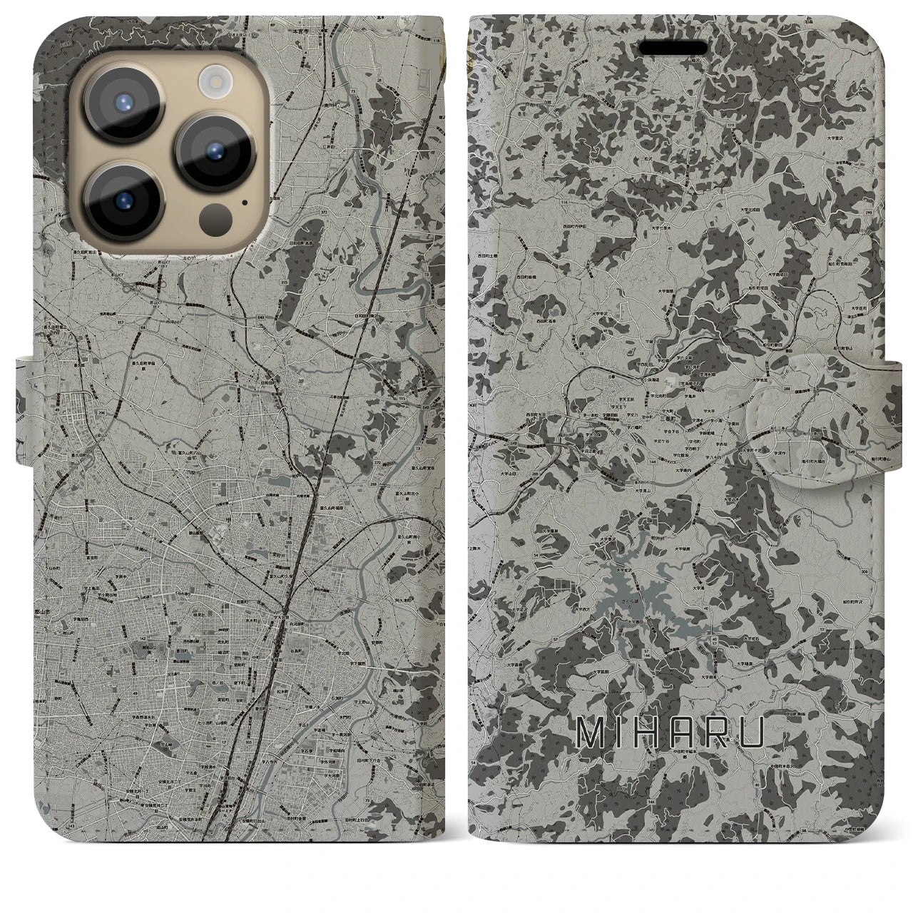【三春(福島県)】地図柄iPhoneケース(手帳タイプ)モノトーン・iPhone 14 Pro Max 用