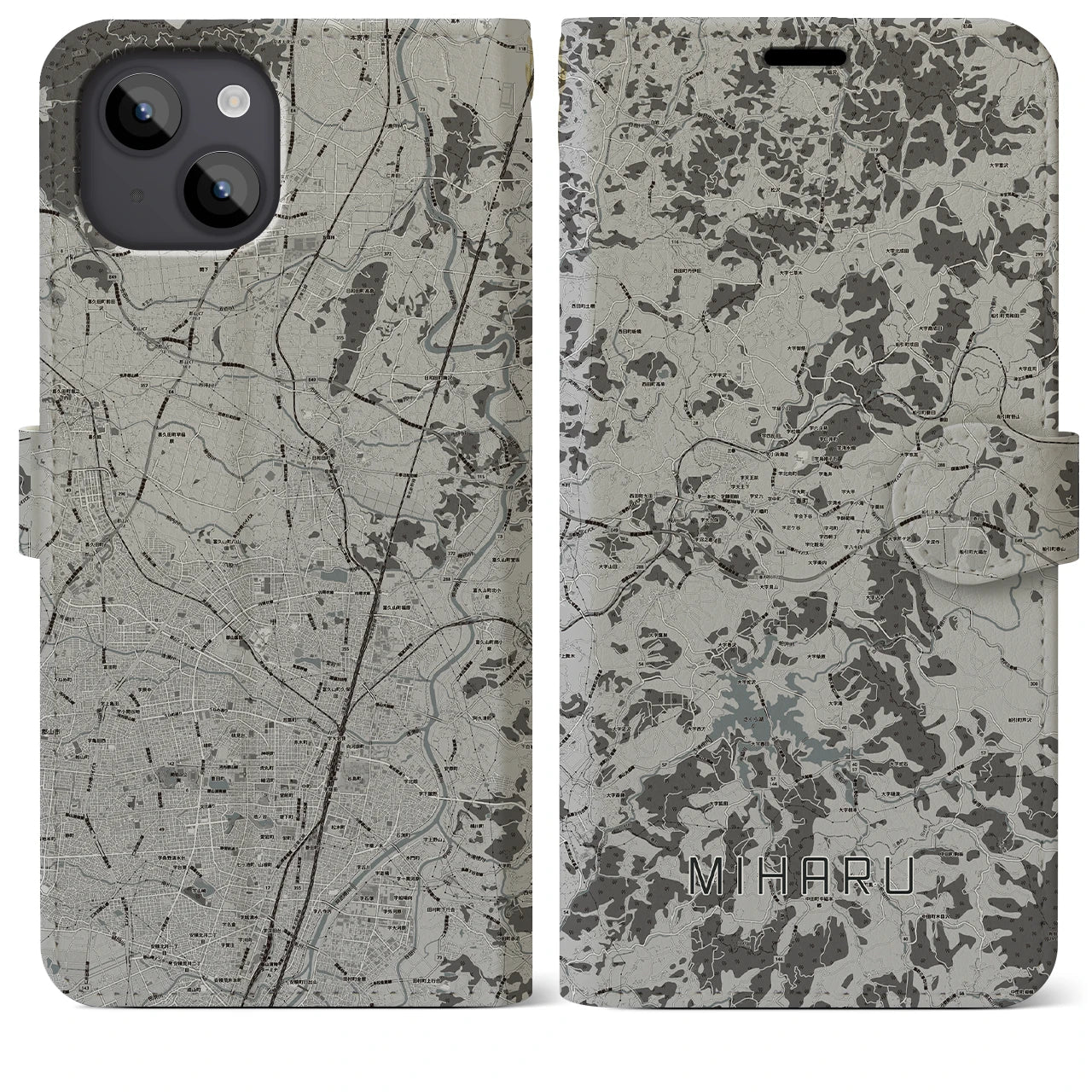 【三春(福島県)】地図柄iPhoneケース(手帳タイプ)モノトーン・iPhone 14 Plus 用