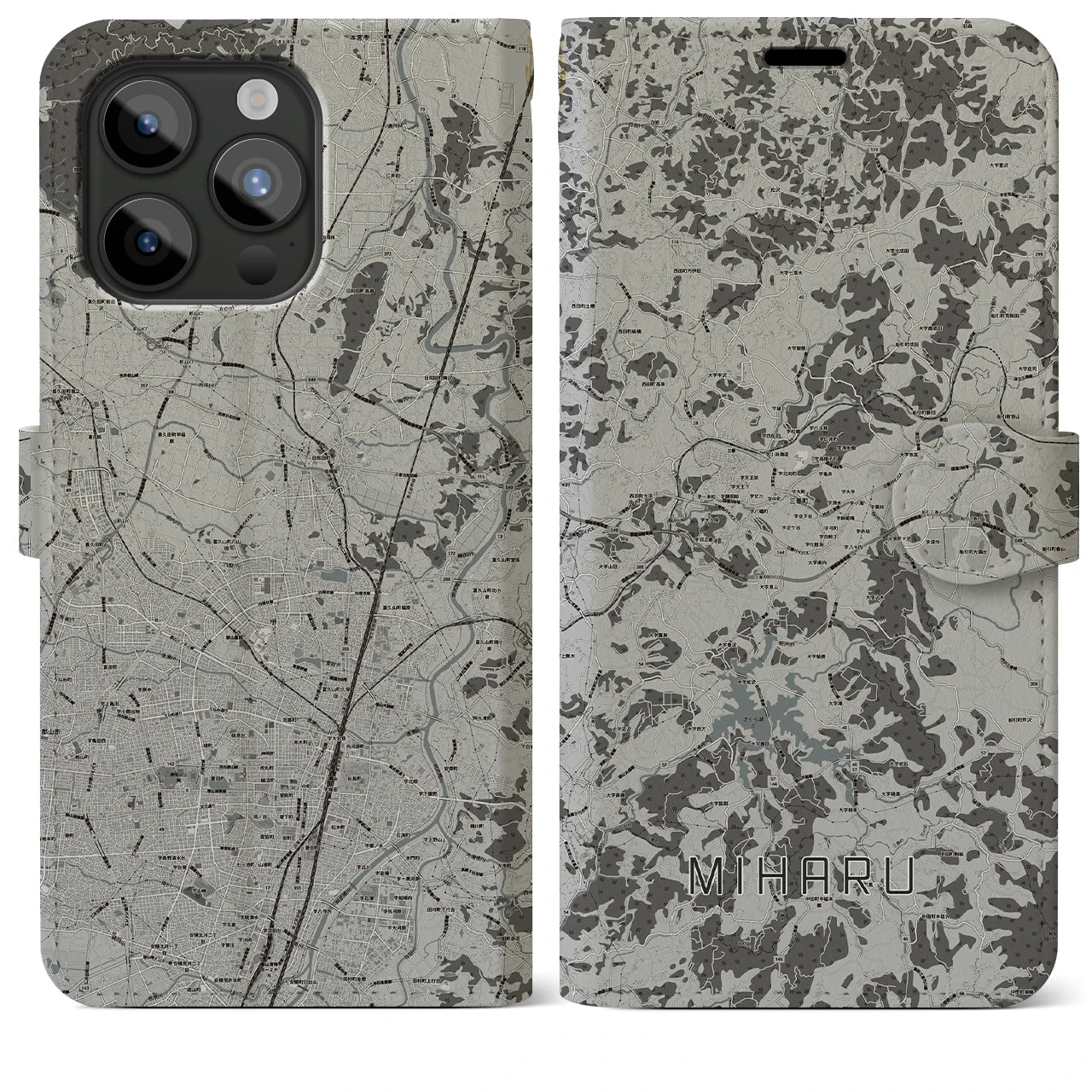 【三春(福島県)】地図柄iPhoneケース(手帳タイプ)モノトーン・iPhone 15 Pro Max 用