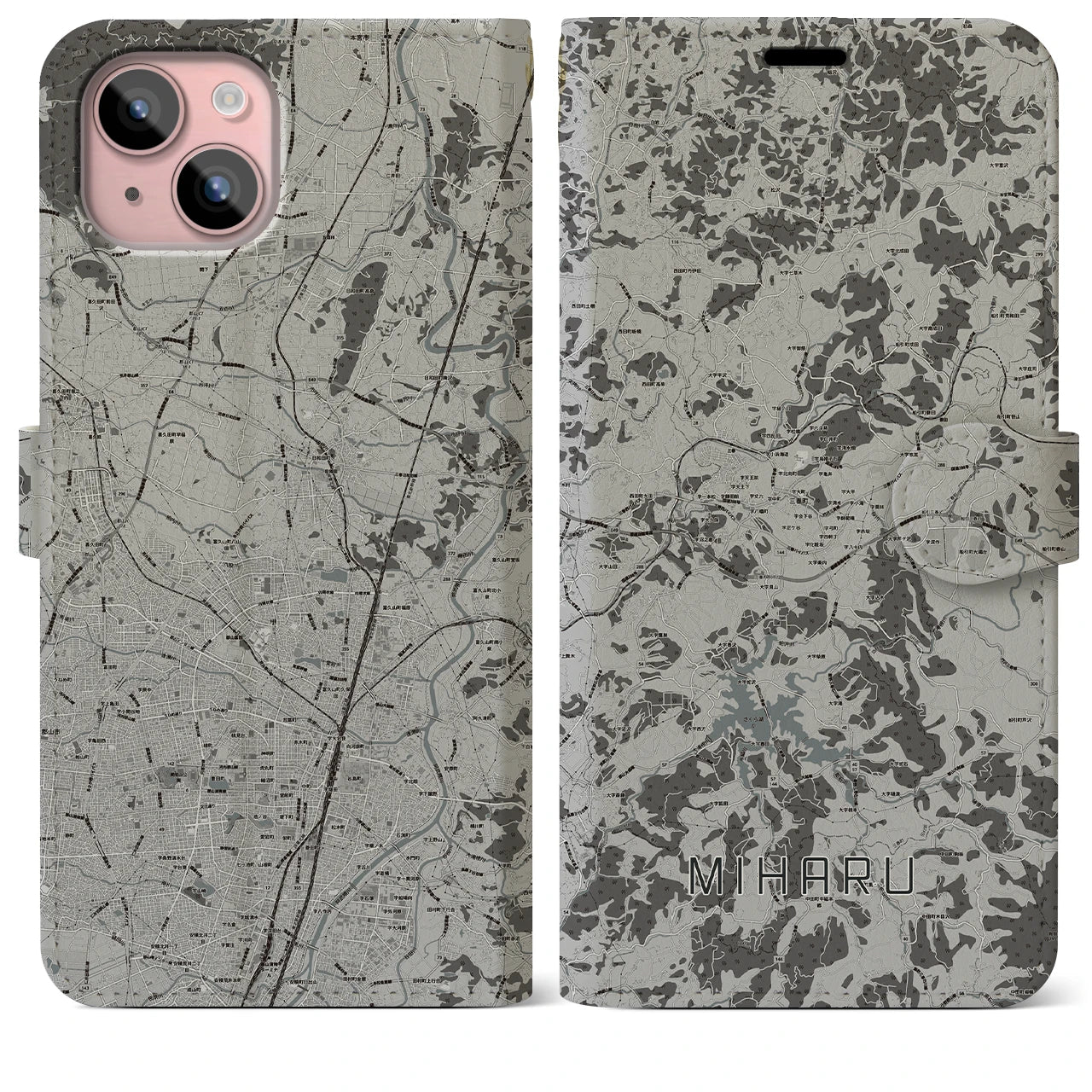 【三春(福島県)】地図柄iPhoneケース(手帳タイプ)モノトーン・iPhone 15 Plus 用