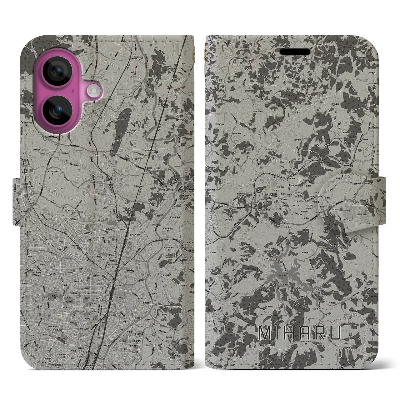 【三春(福島県)】地図柄iPhoneケース(手帳タイプ)モノトーン・iPhone 16 Pro 用