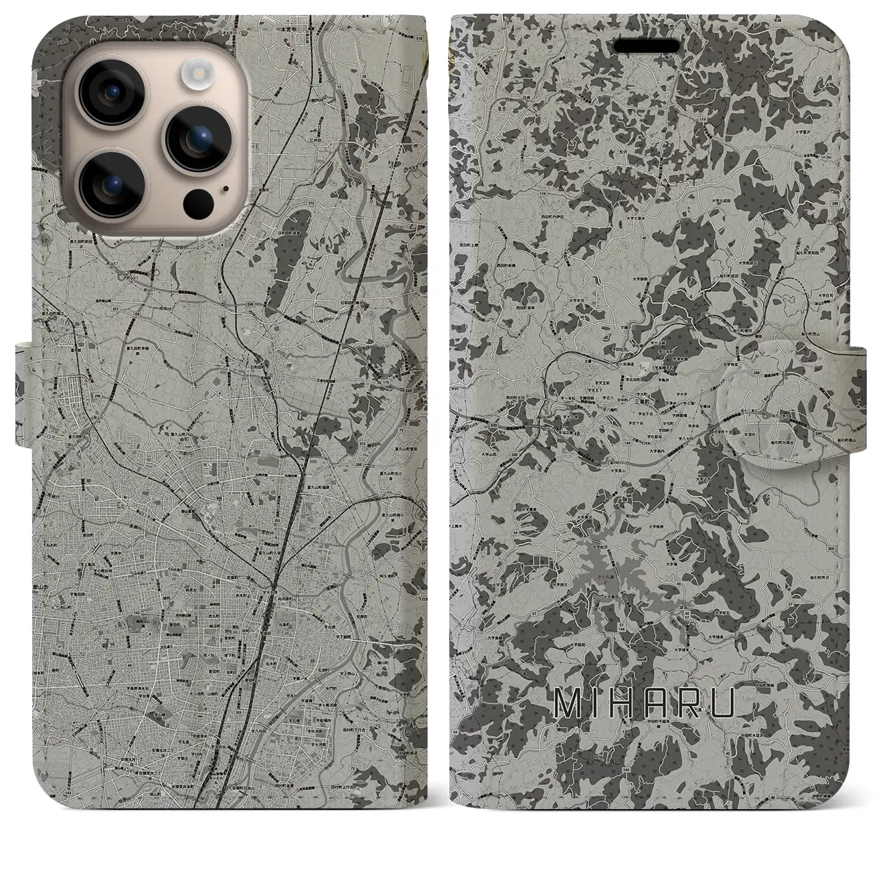 【三春(福島県)】地図柄iPhoneケース(手帳タイプ)モノトーン・iPhone 16 Plus 用
