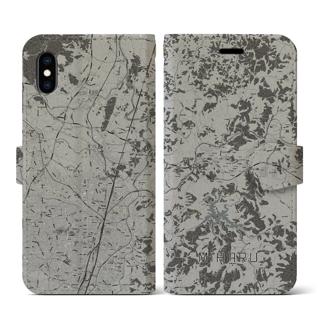 【三春(福島県)】地図柄iPhoneケース(手帳タイプ)モノトーン・iPhone XS / X 用