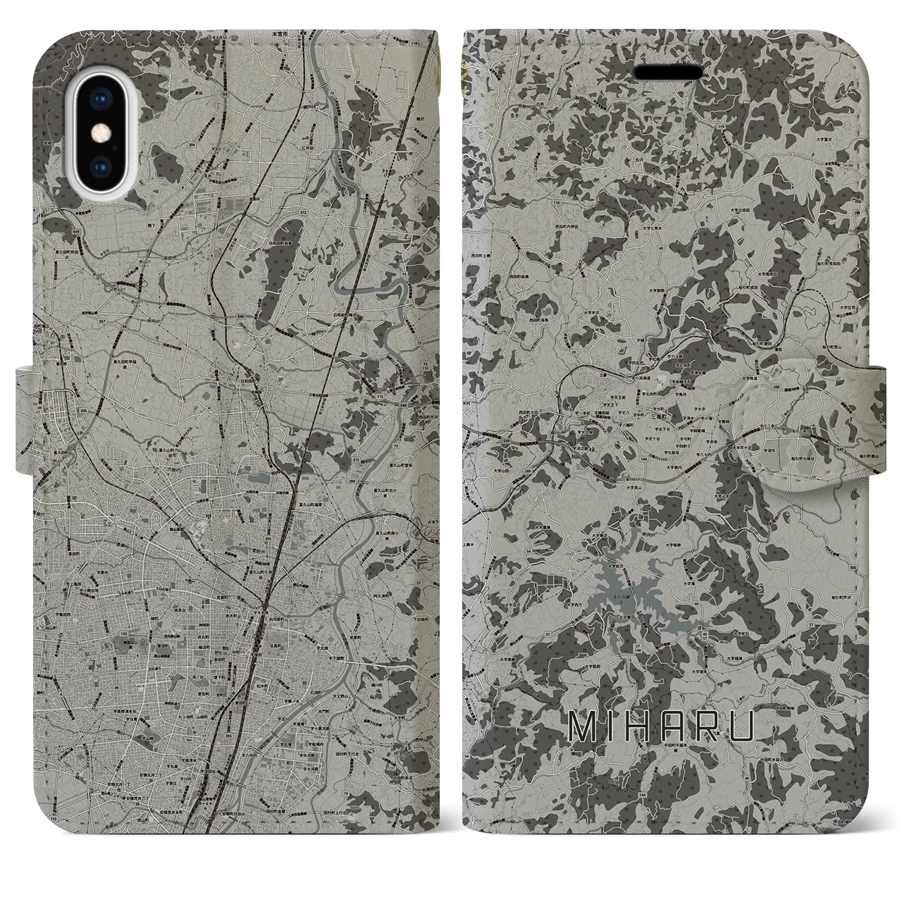 【三春(福島県)】地図柄iPhoneケース(手帳タイプ)モノトーン・iPhone XS Max 用