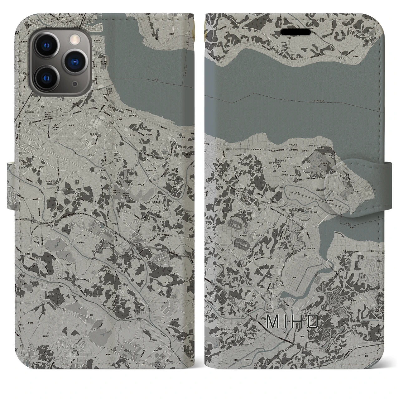 【美浦(茨城県)】地図柄iPhoneケース(手帳タイプ)モノトーン・iPhone 11 Pro Max 用