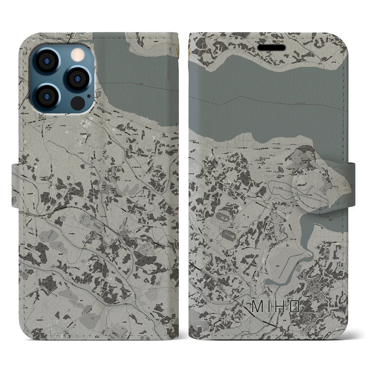 【美浦(茨城県)】地図柄iPhoneケース(手帳タイプ)モノトーン・iPhone 12 / 12 Pro 用