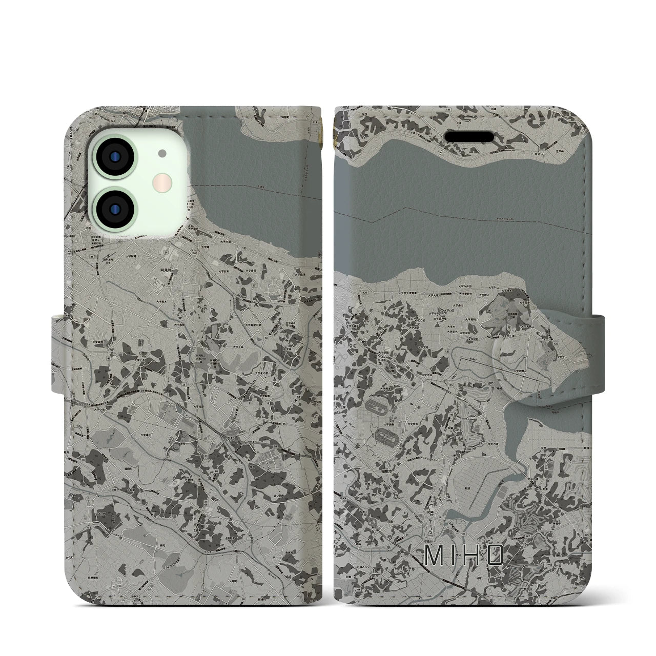 【美浦(茨城県)】地図柄iPhoneケース(手帳タイプ)モノトーン・iPhone 12 mini 用