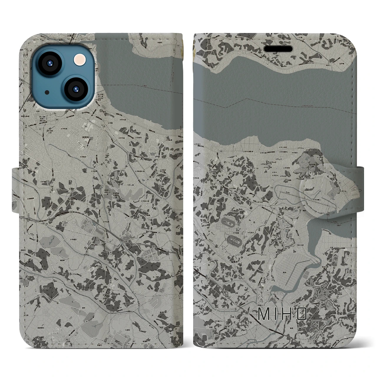 【美浦(茨城県)】地図柄iPhoneケース(手帳タイプ)モノトーン・iPhone 13 用