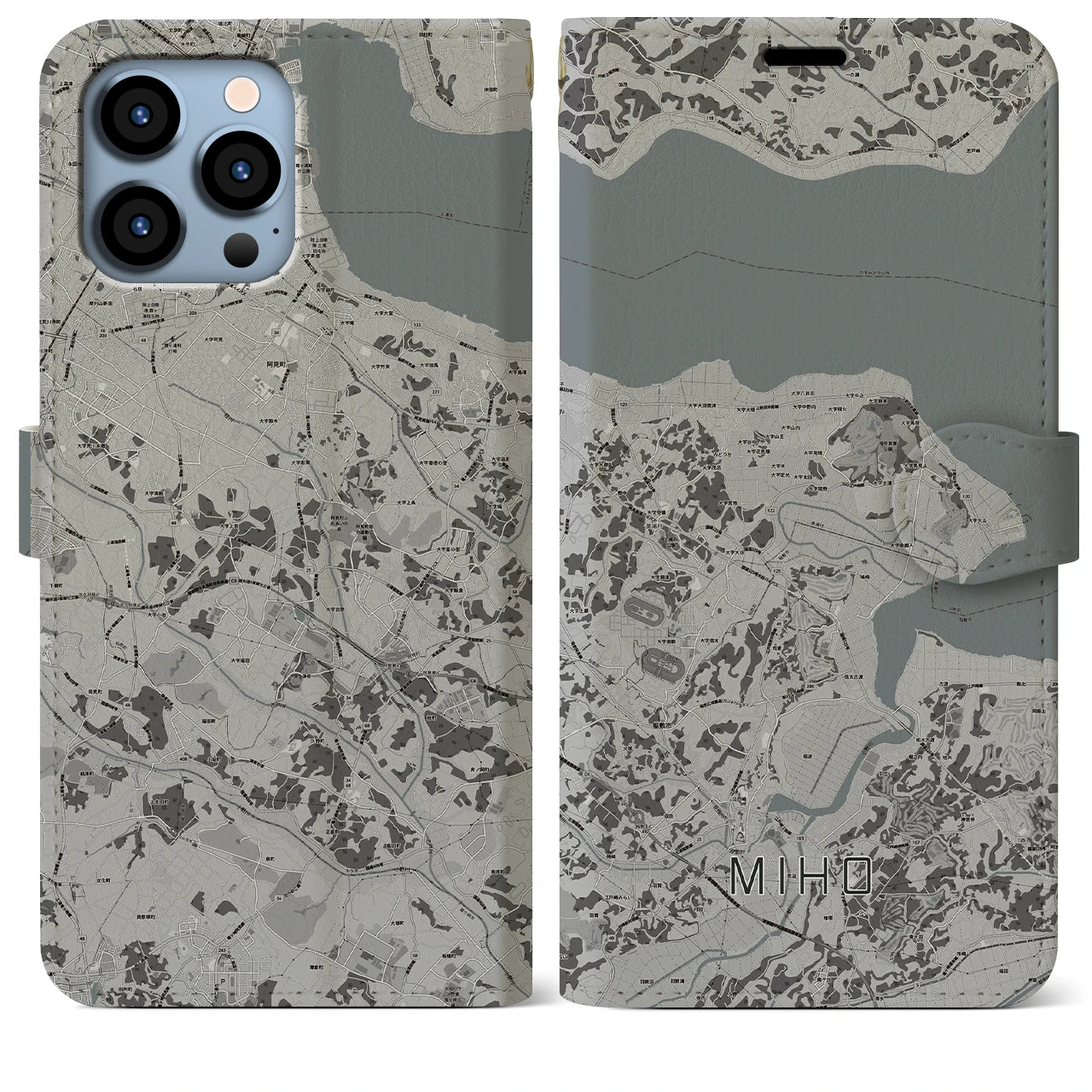 【美浦(茨城県)】地図柄iPhoneケース(手帳タイプ)モノトーン・iPhone 13 Pro Max 用