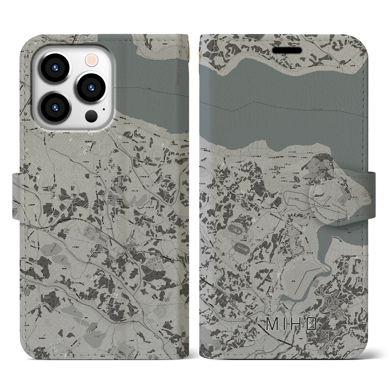【美浦(茨城県)】地図柄iPhoneケース(手帳タイプ)モノトーン・iPhone 13 Pro 用