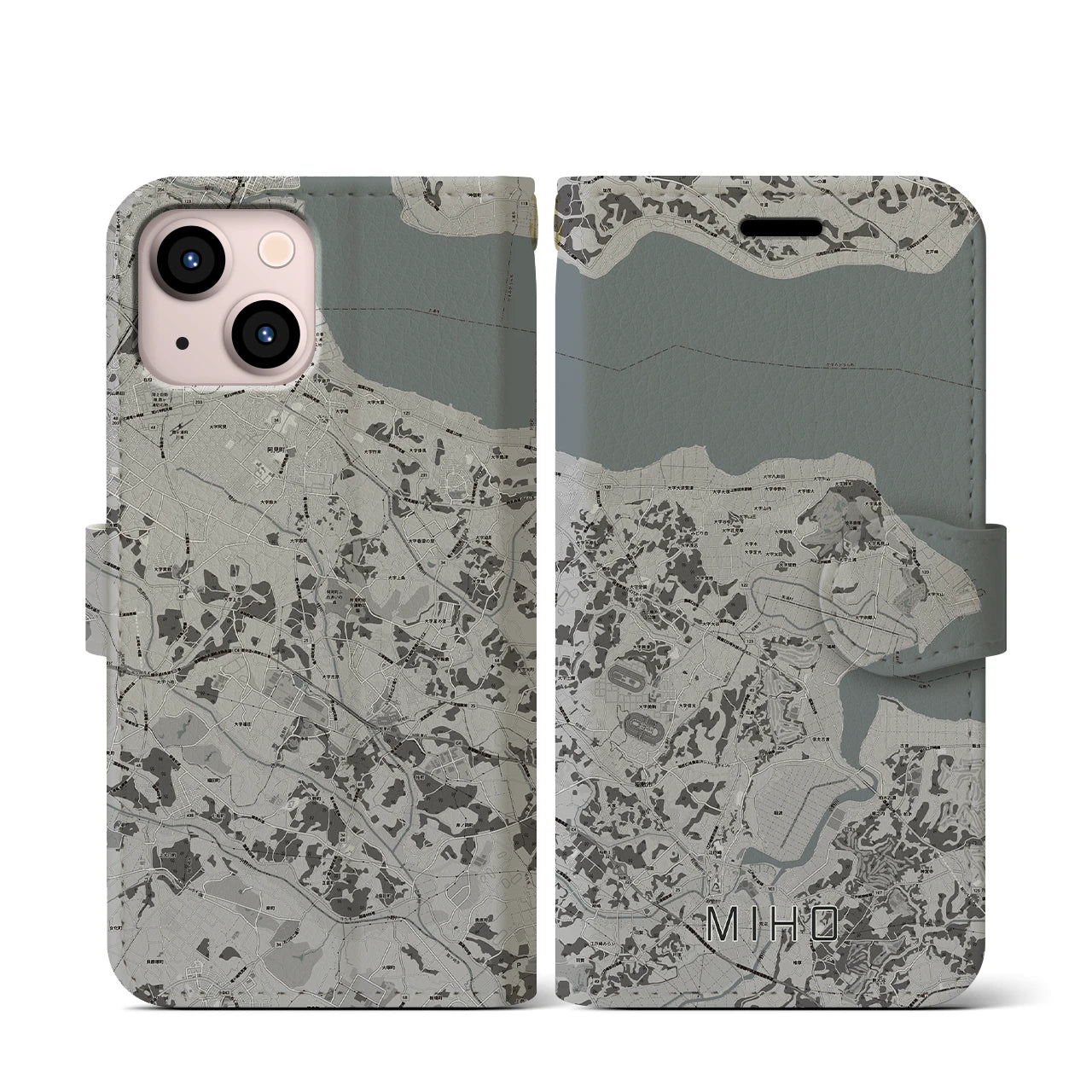 【美浦(茨城県)】地図柄iPhoneケース(手帳タイプ)モノトーン・iPhone 13 mini 用