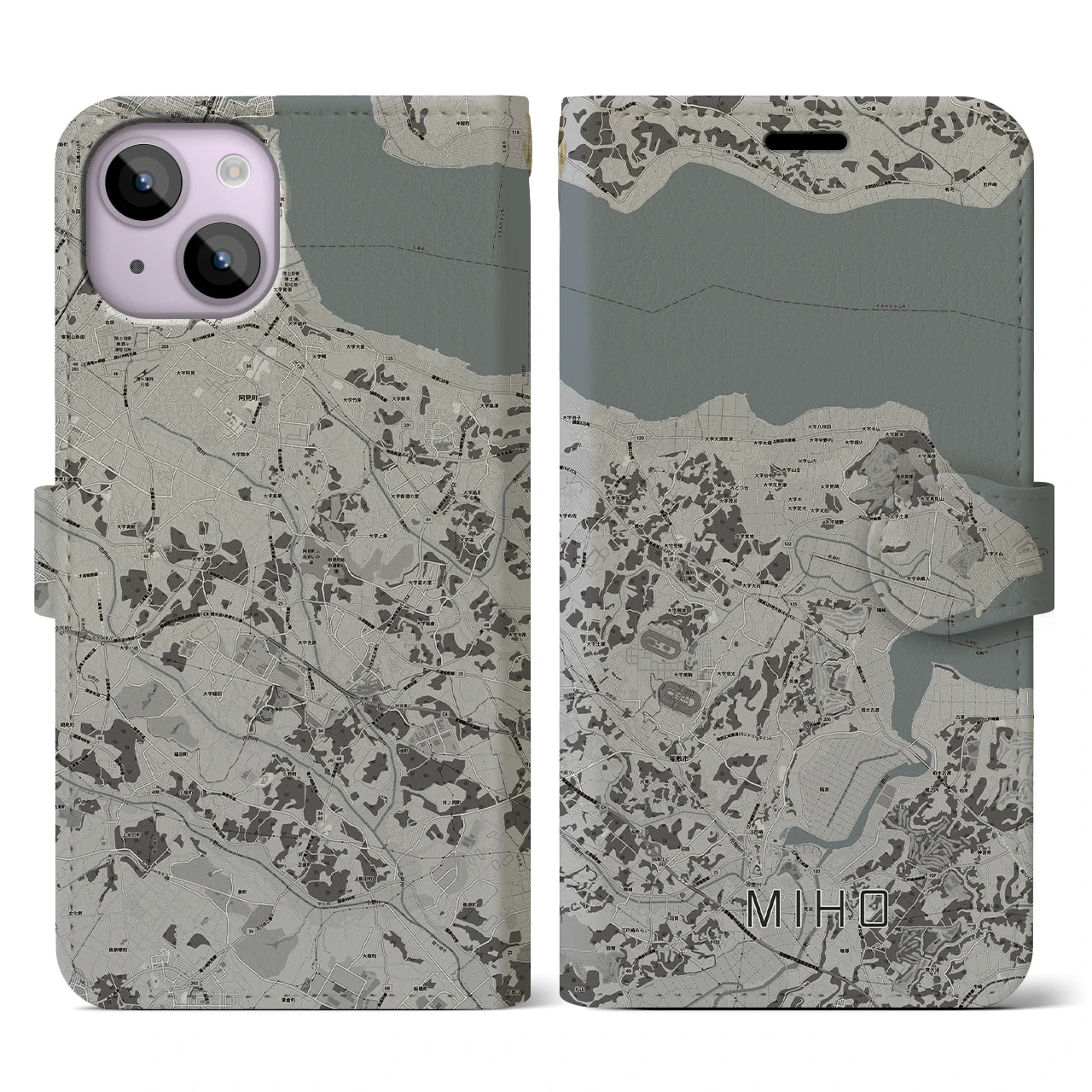 【美浦(茨城県)】地図柄iPhoneケース(手帳タイプ)モノトーン・iPhone 14 用