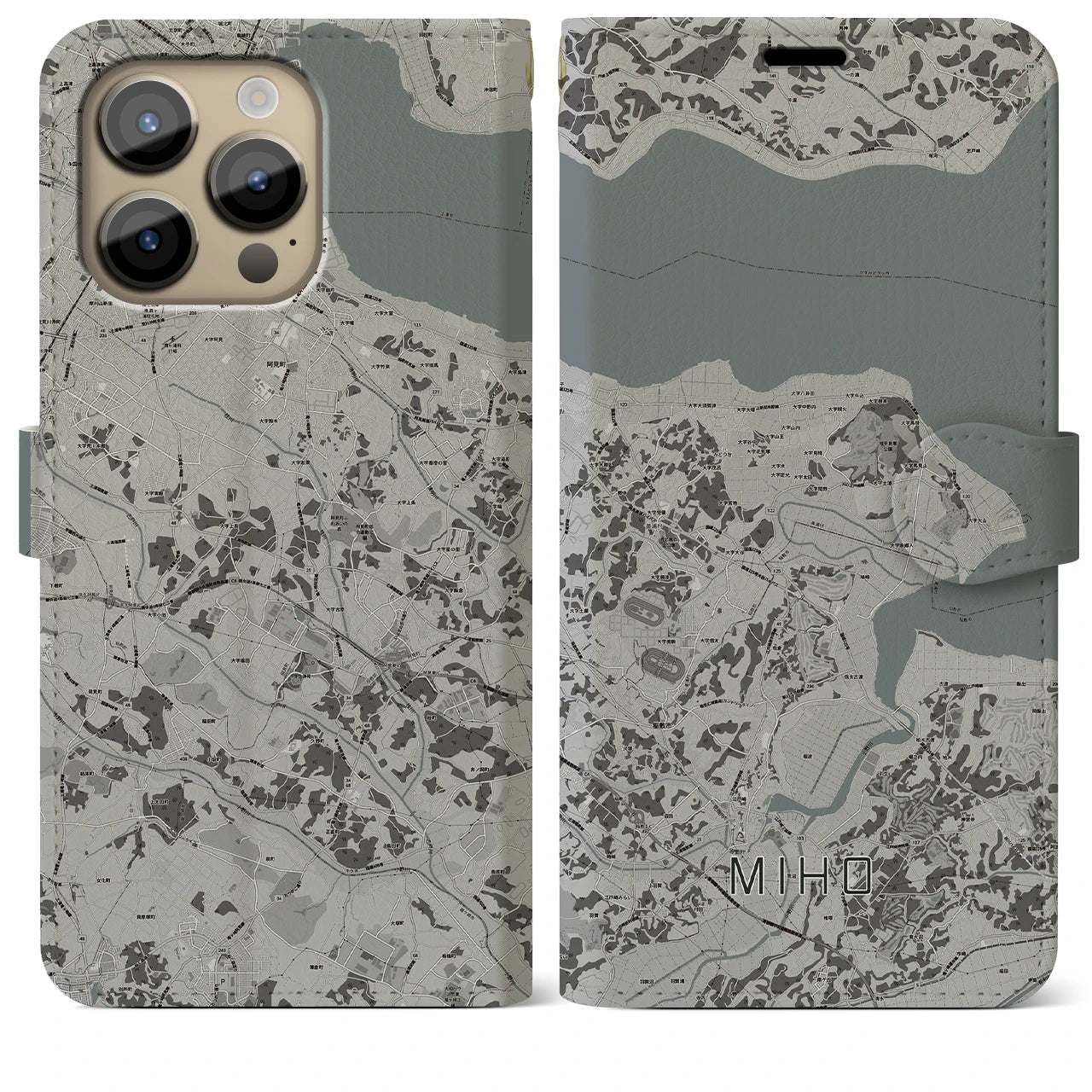 【美浦(茨城県)】地図柄iPhoneケース(手帳タイプ)モノトーン・iPhone 14 Pro Max 用