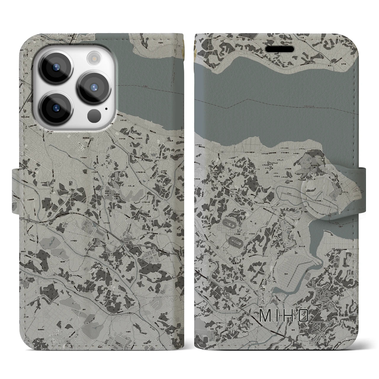 【美浦(茨城県)】地図柄iPhoneケース(手帳タイプ)モノトーン・iPhone 14 Pro 用