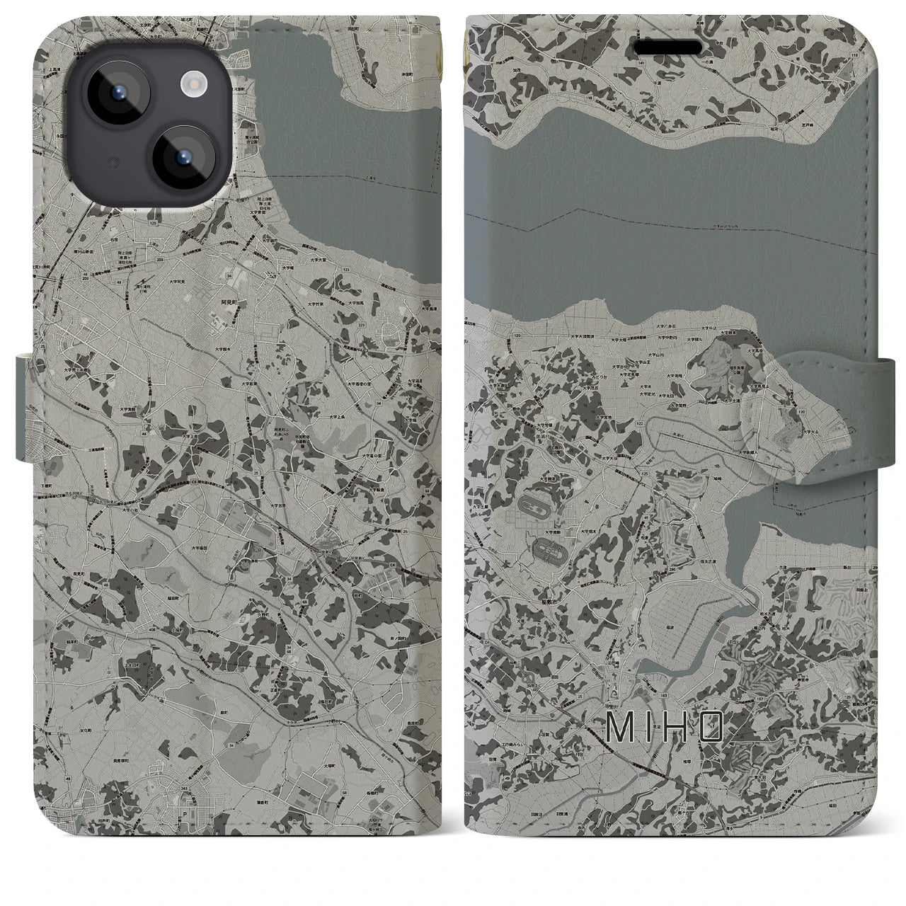 【美浦(茨城県)】地図柄iPhoneケース(手帳タイプ)モノトーン・iPhone 14 Plus 用